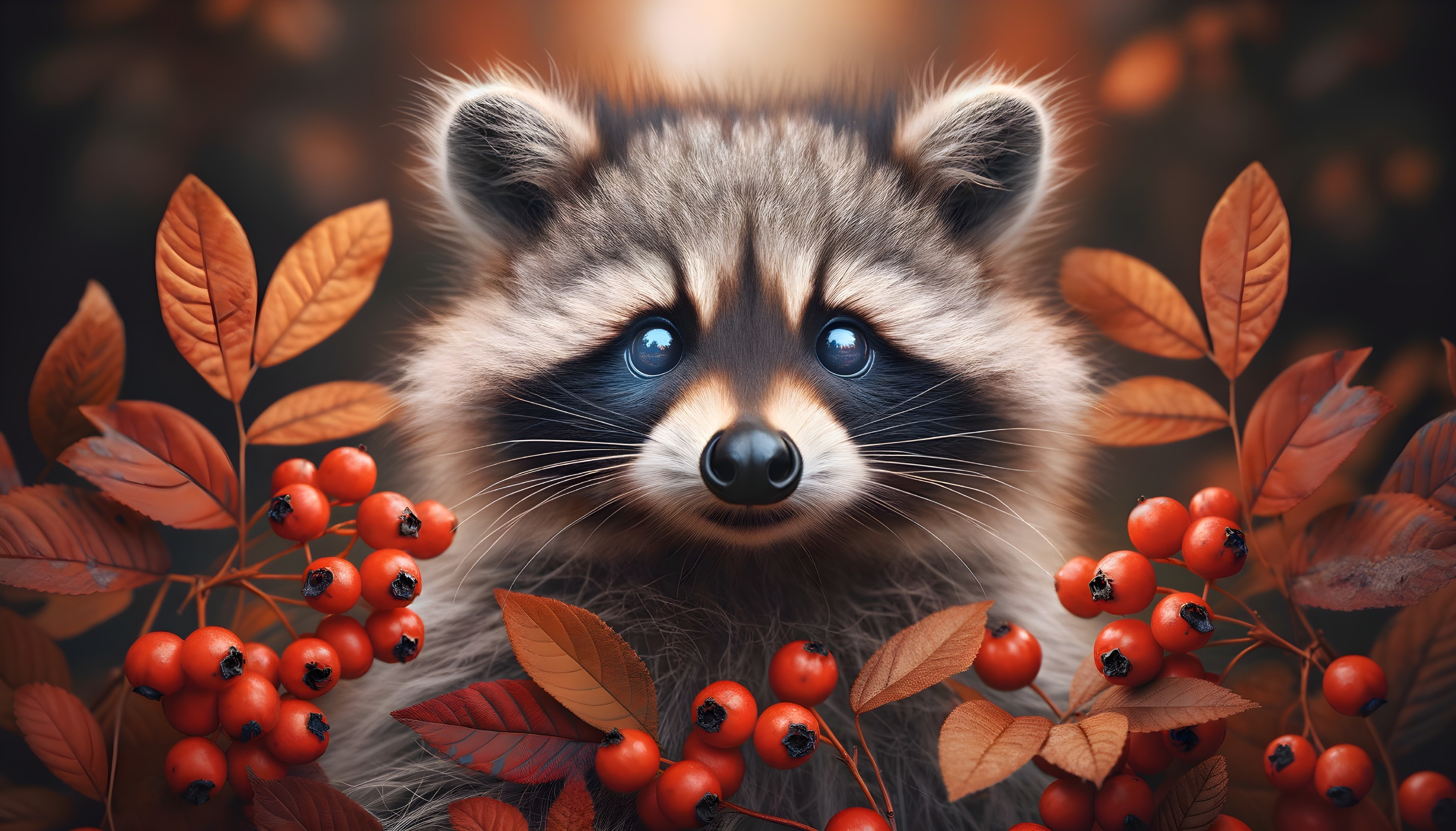 Curious raccoon amidst autumn leaves and berries