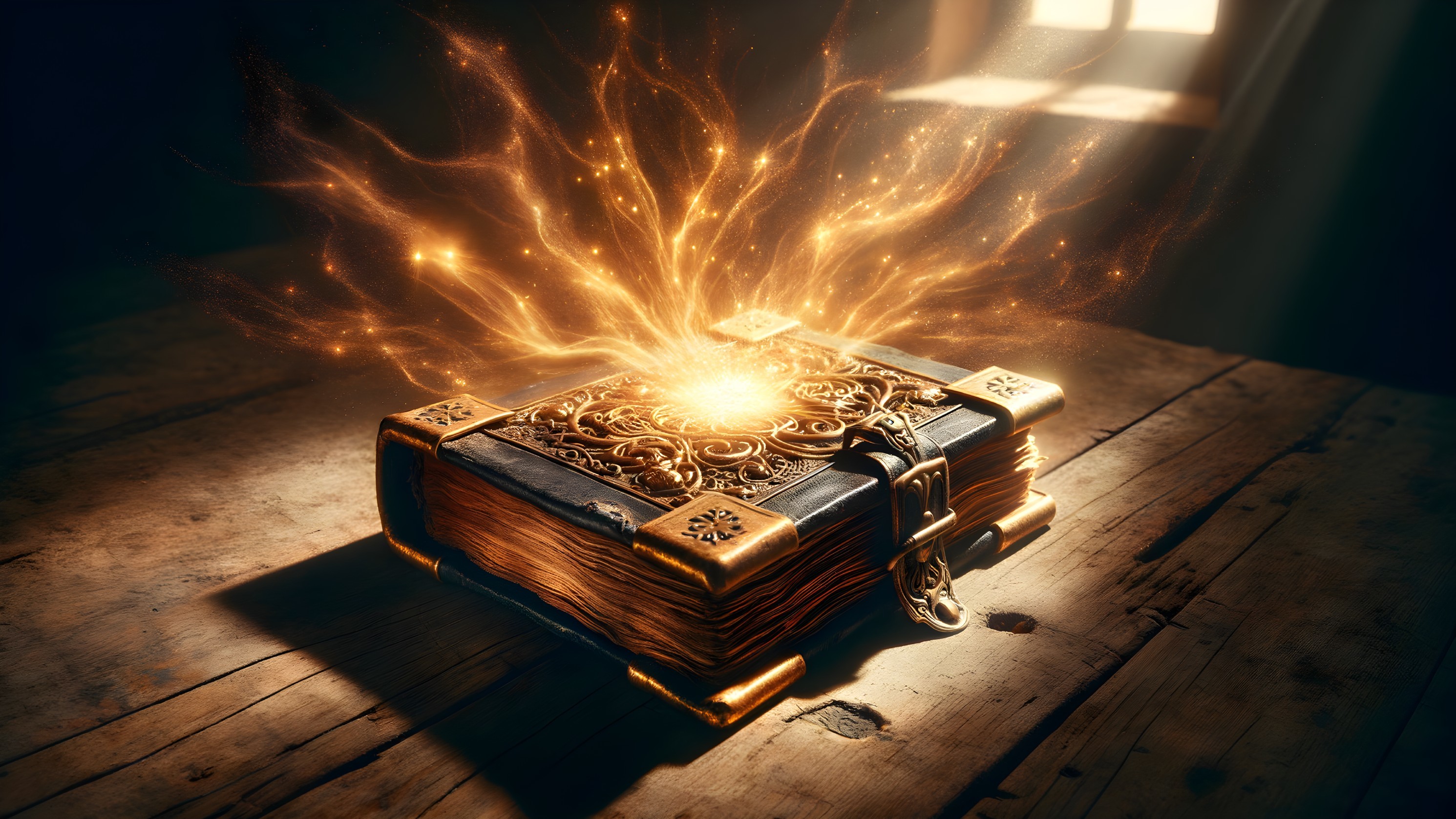 Ornate ancient book with glowing magical tendrils