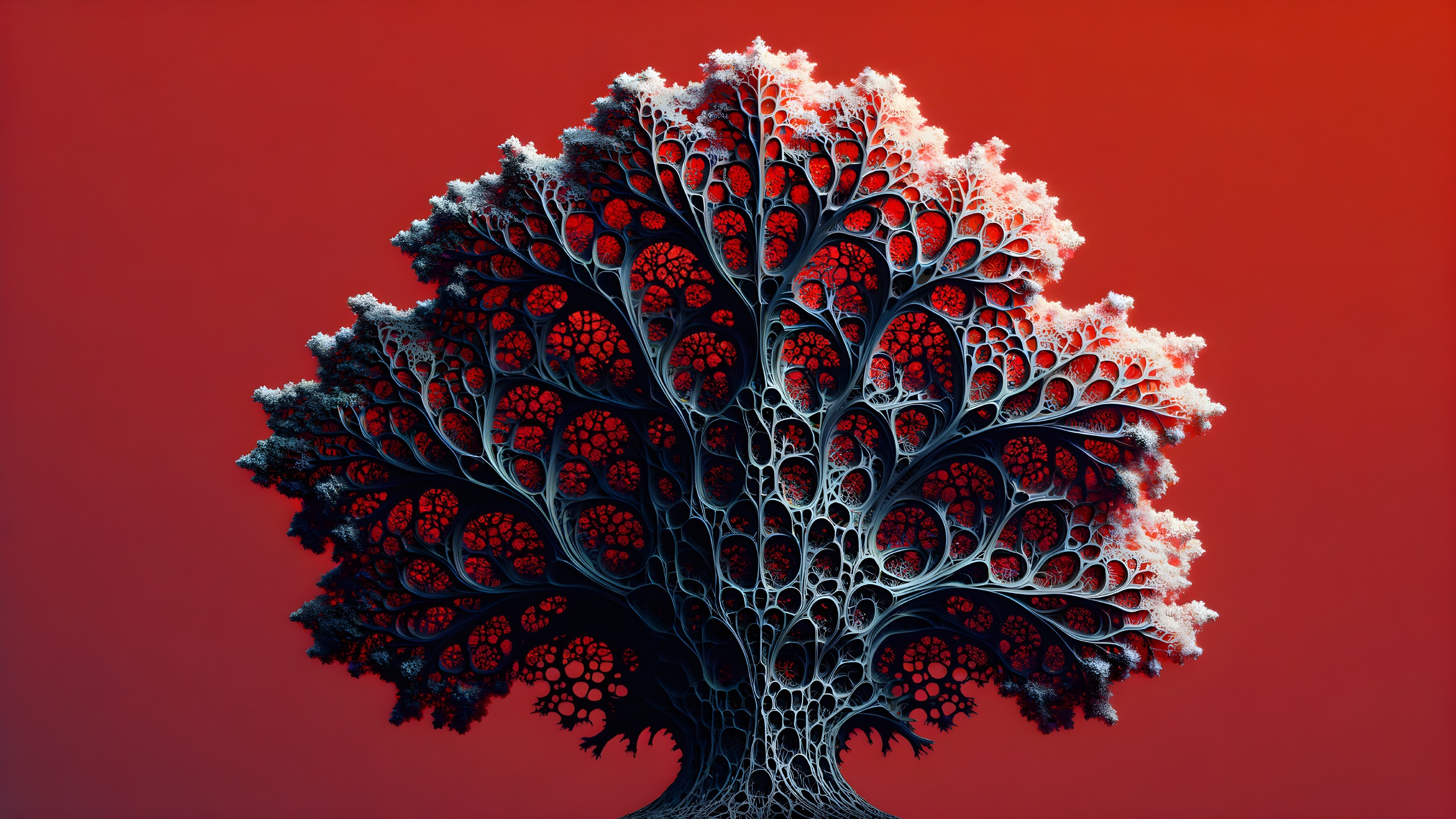 Intricate Tree Structure on Vivid Red Background