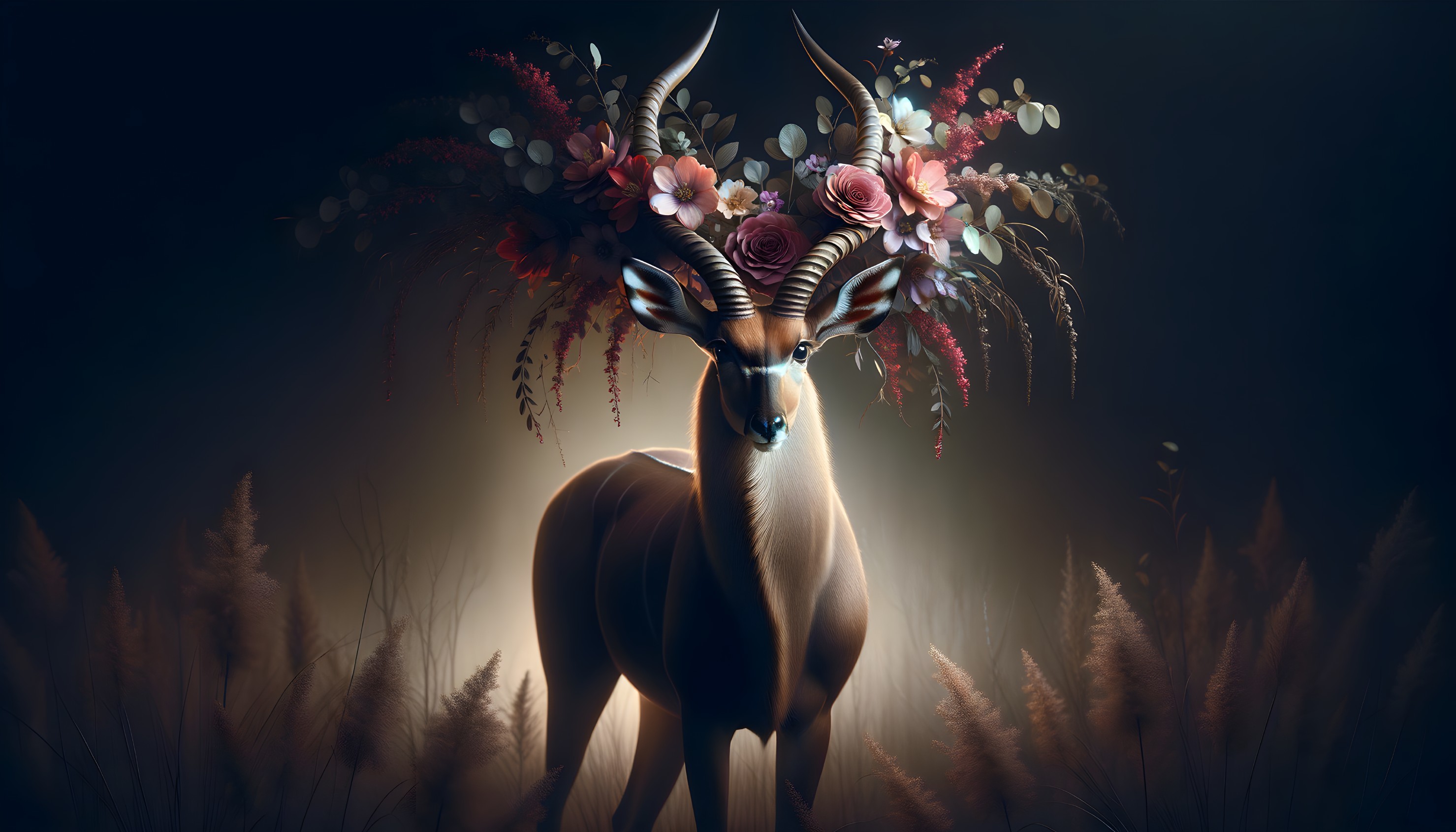 Majestic Antelope with Floral Crown in Ethereal Light