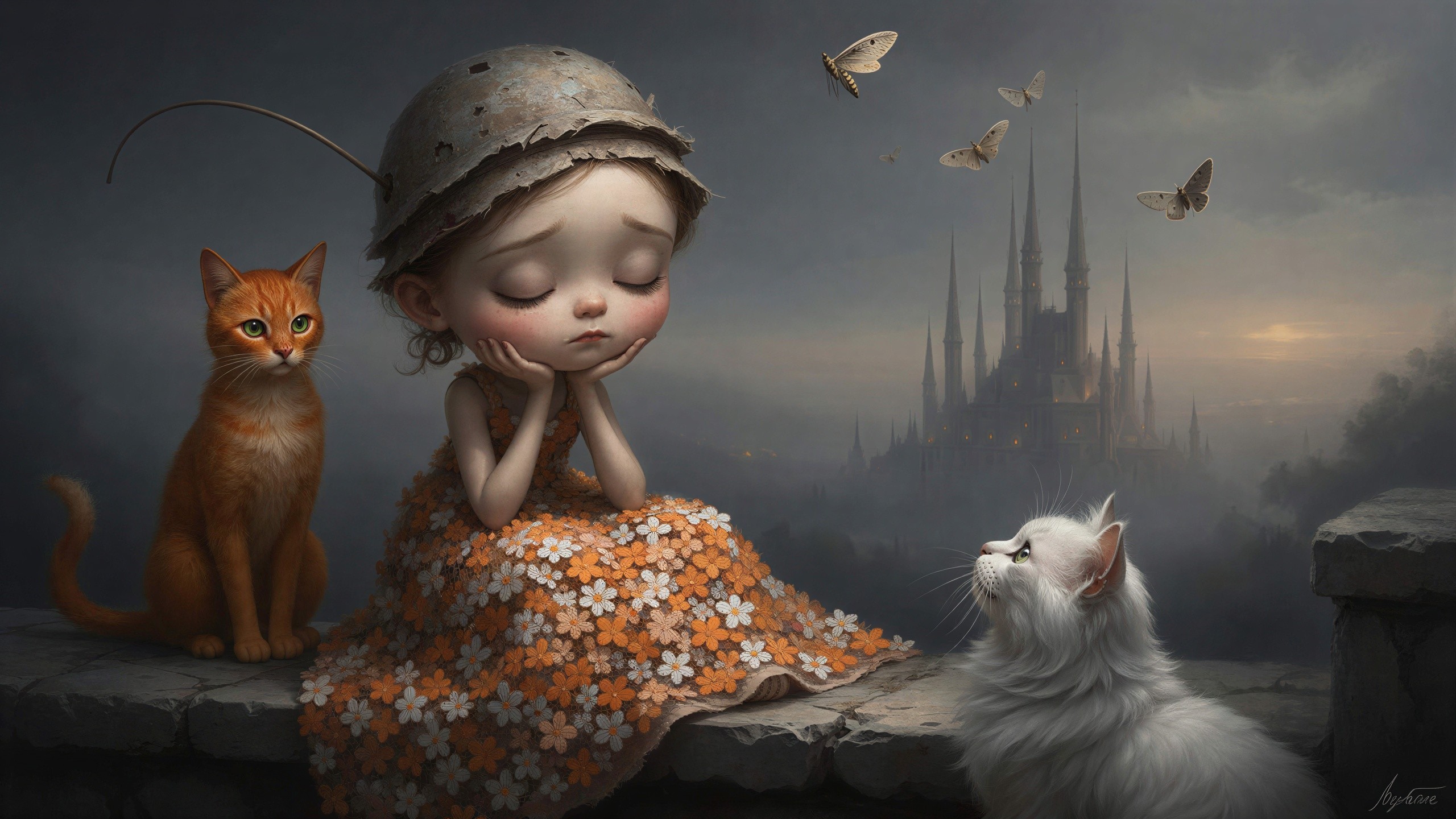 Detailed digital painting of whimsical girl and cats