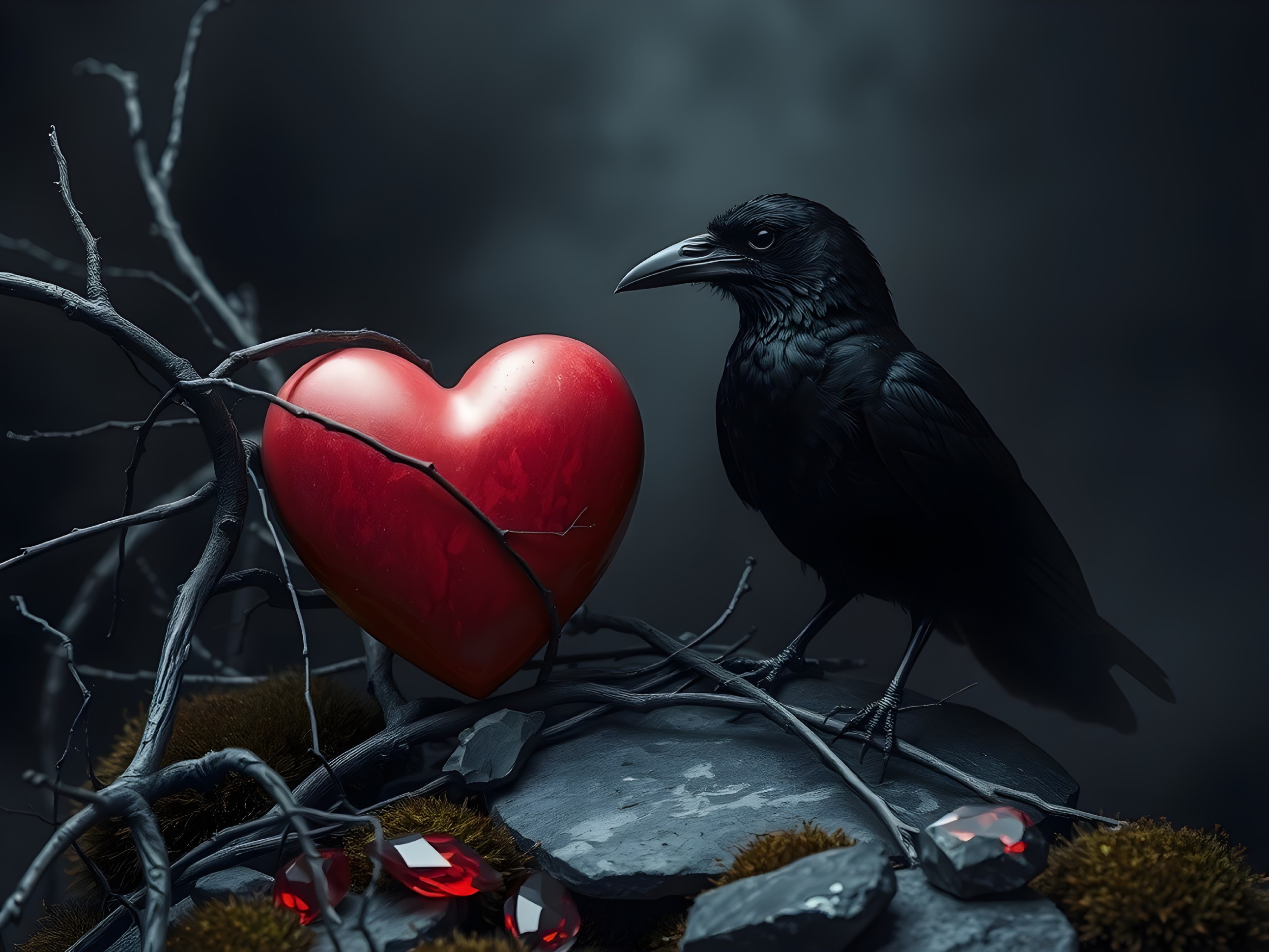 Raven on Dark Stones with Heart and Gemstones