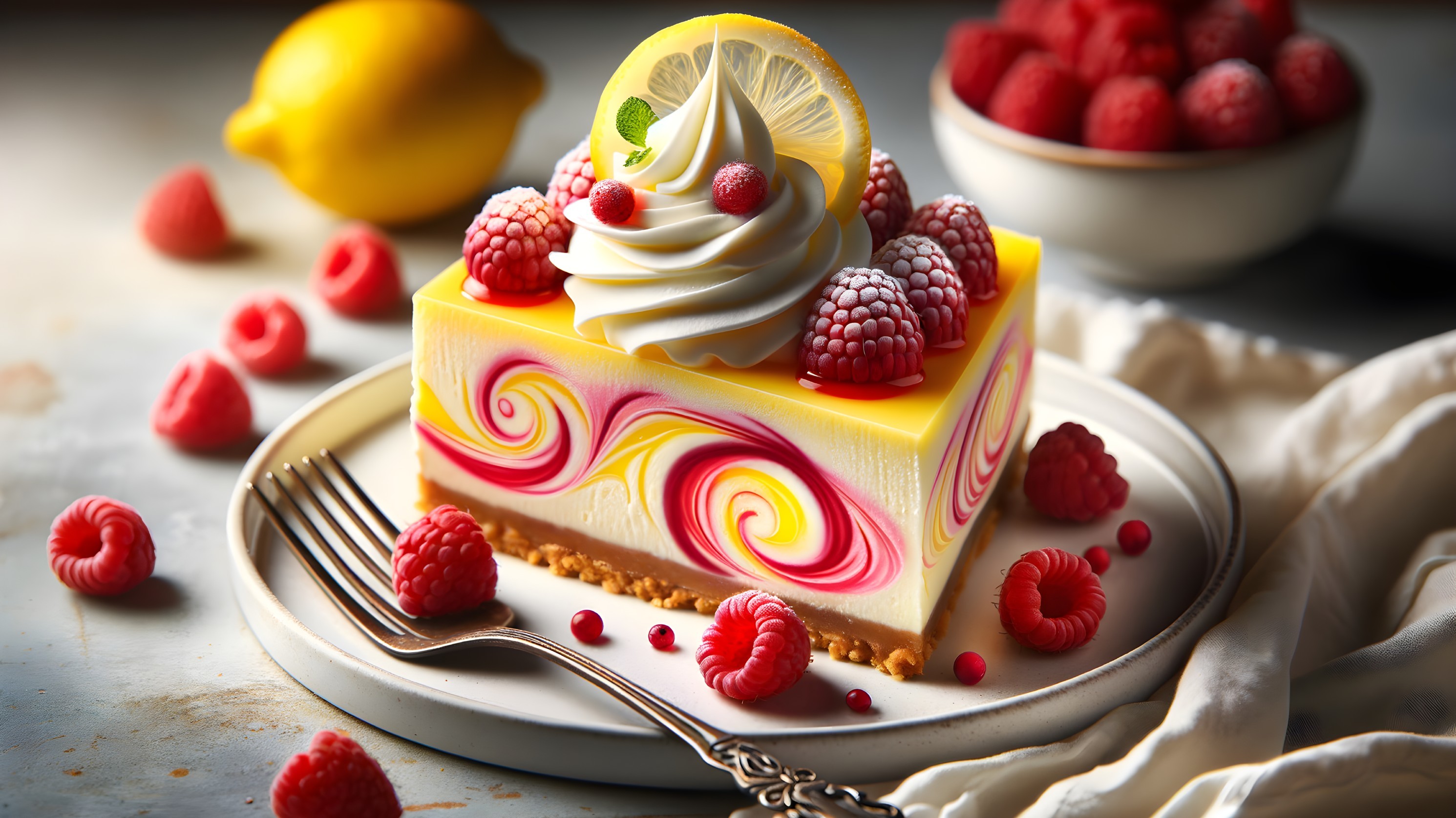 Lemon Cheesecake with Raspberry Puree and Garnishes