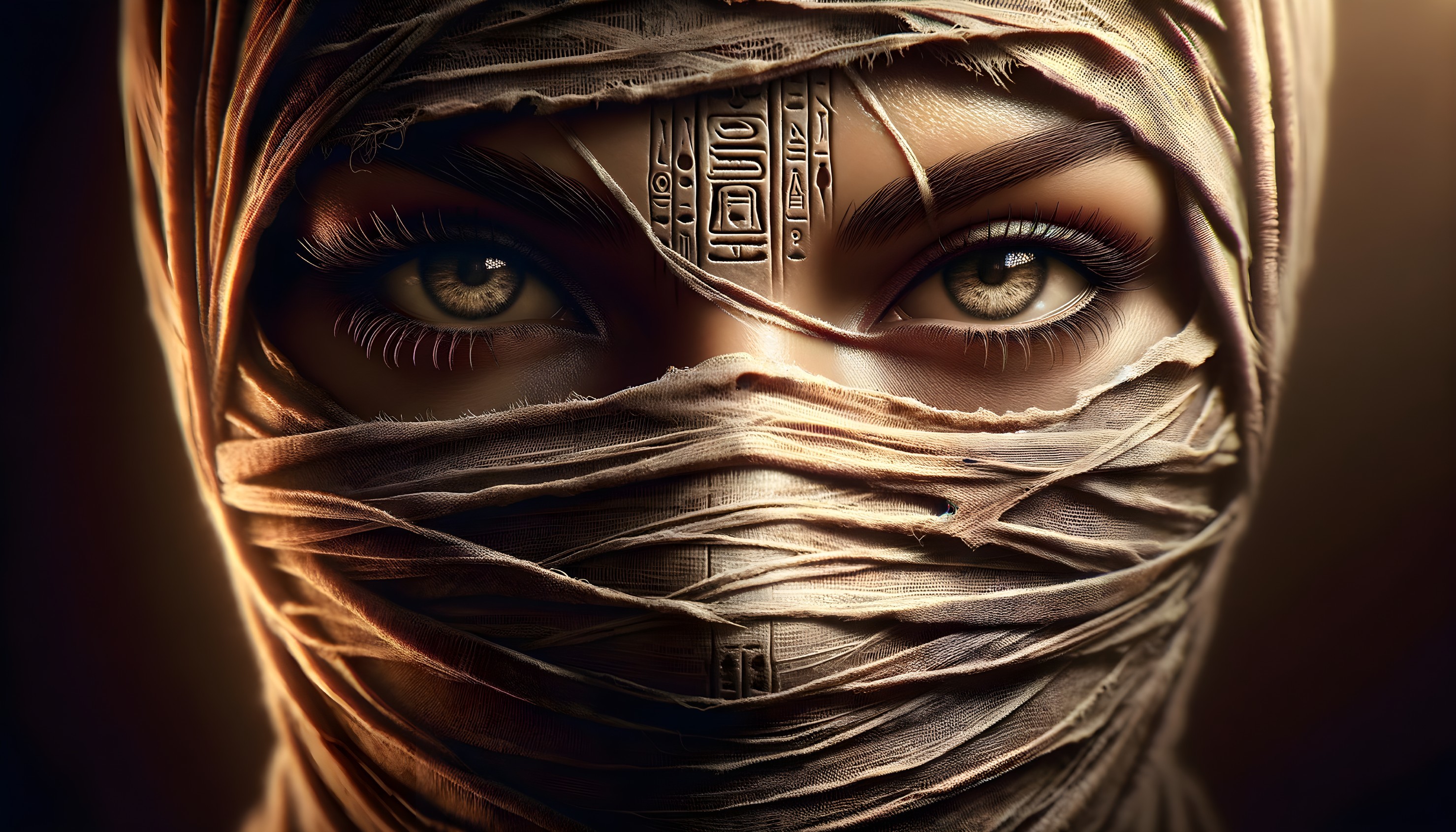 Close-up of a figure with golden eyes and wraps