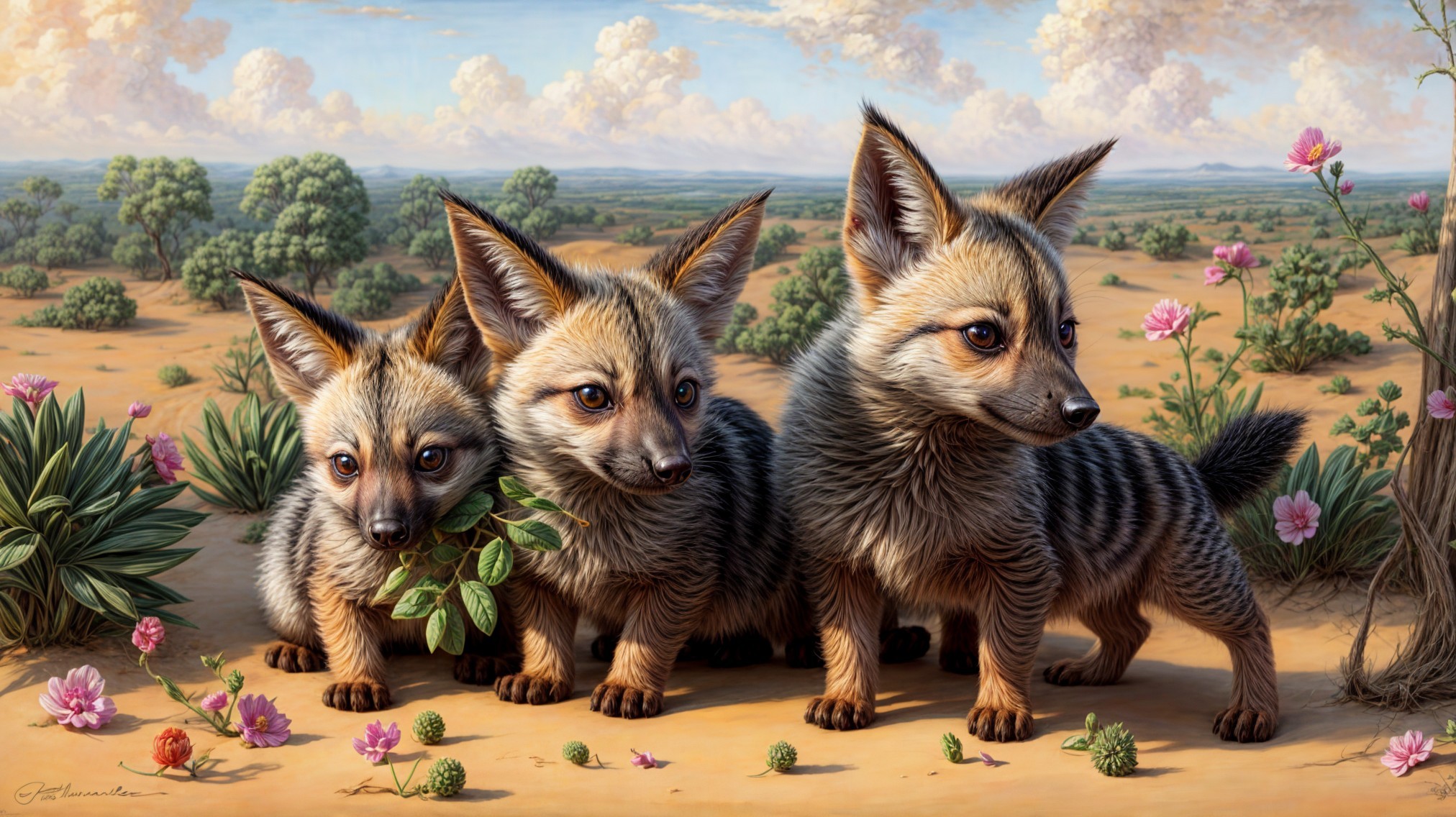 Fluffy fox pups play in a vibrant desert landscape