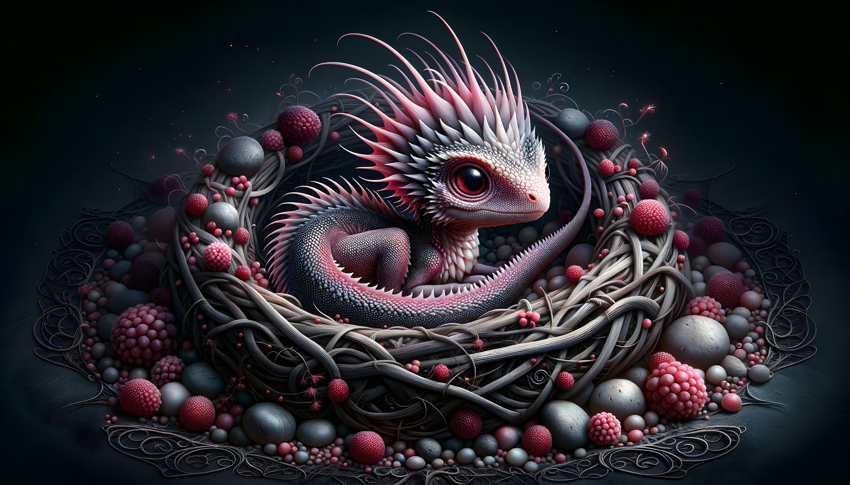 Small Dragon-like Creature in Colorful Nest