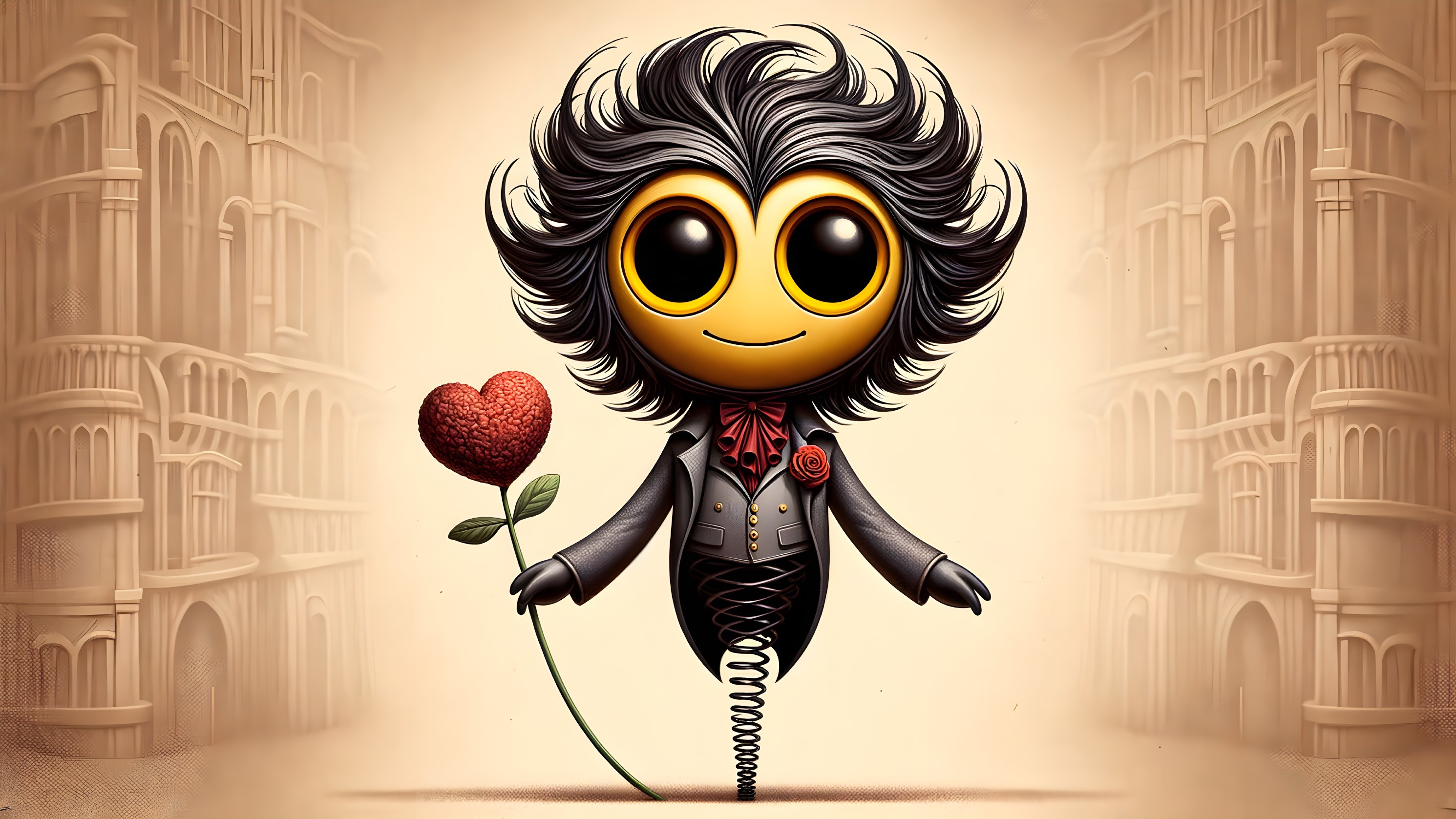 Whimsical character in a surreal architectural setting