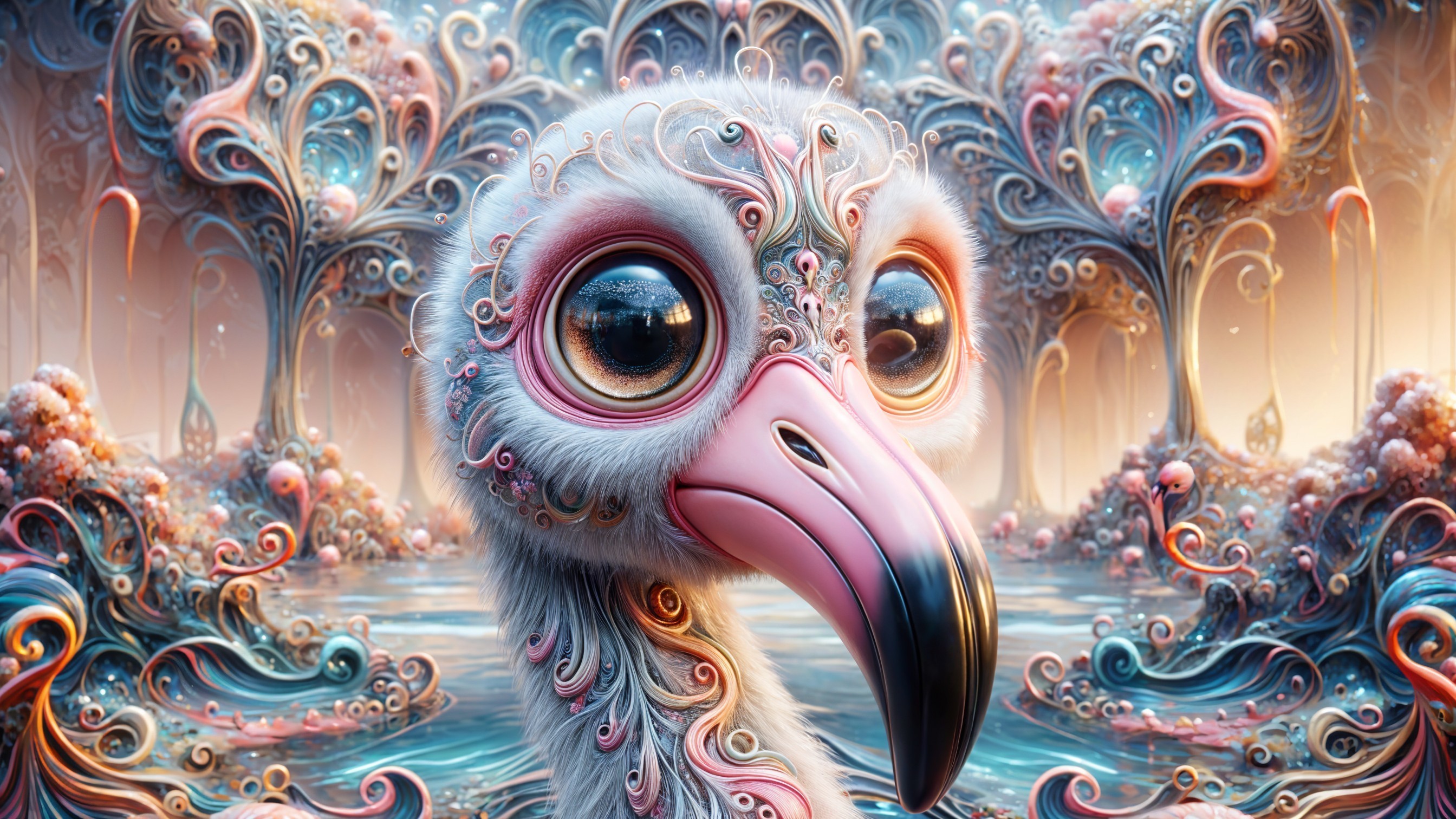 Fantastical bird with vibrant features in dreamlike landscape