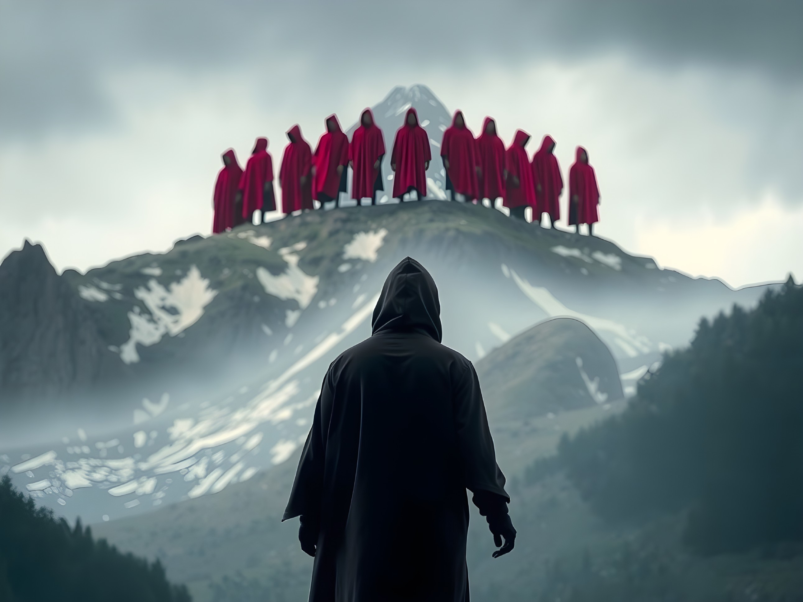 Cloaked Figure Observes Red-Robed Individuals on Mountain