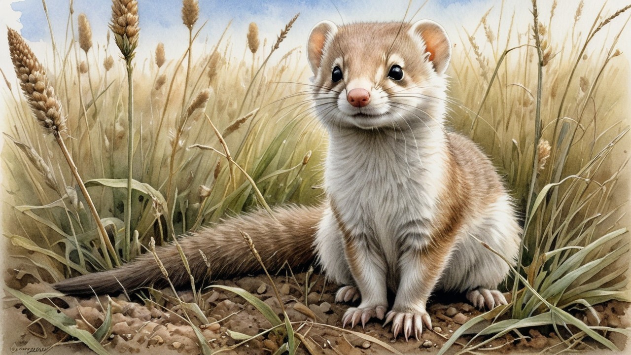 Weasel in Tall Grass Under Clear Blue Sky