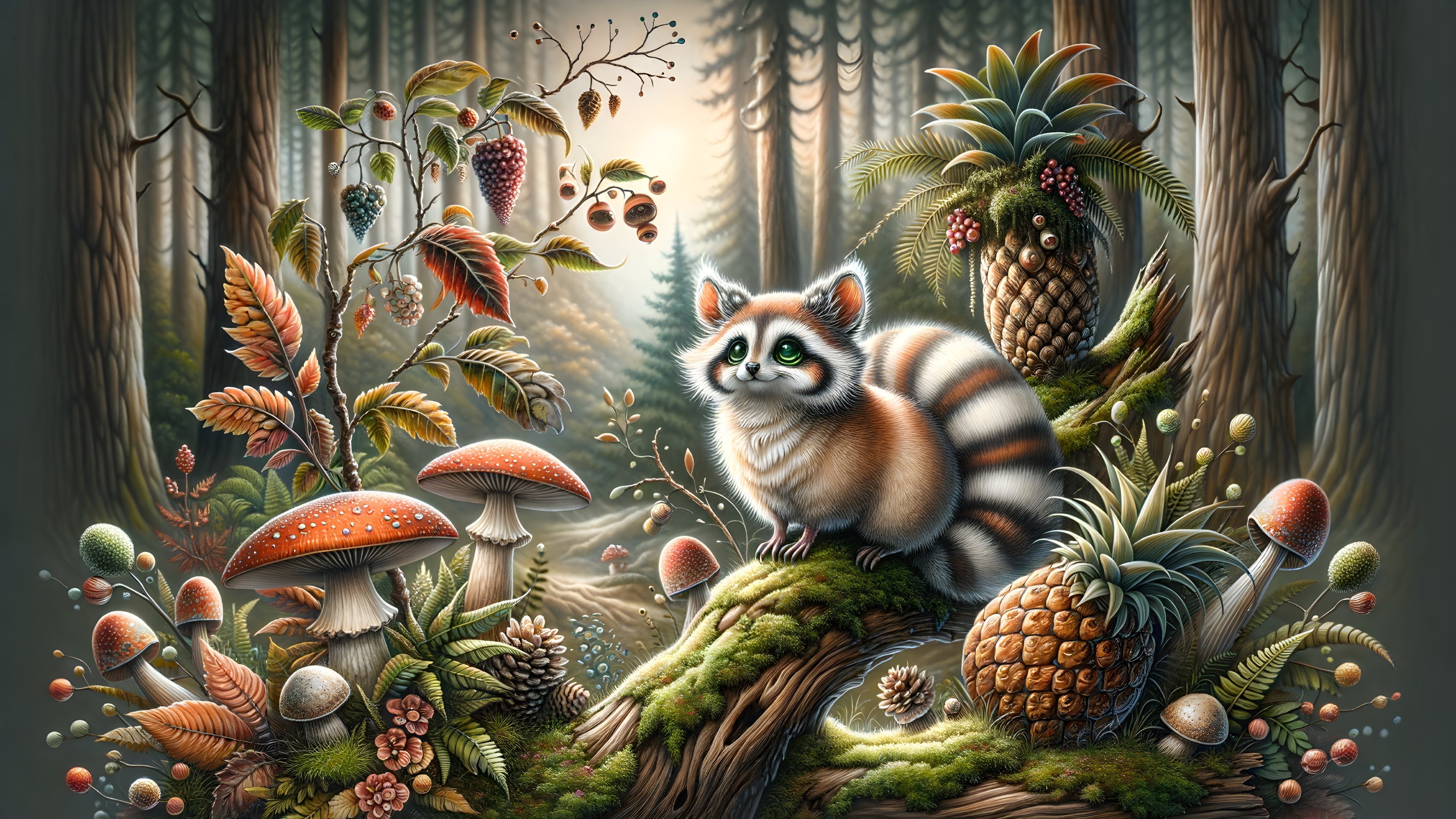 Whimsical Forest Scene with Raccoon and Vibrant Flora