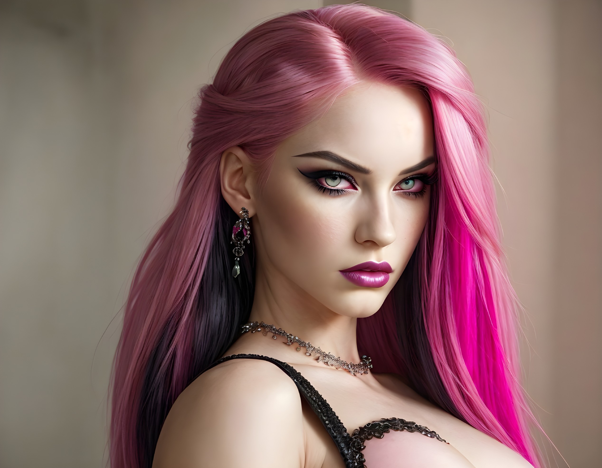 Striking figure with vibrant pink hair and bold makeup