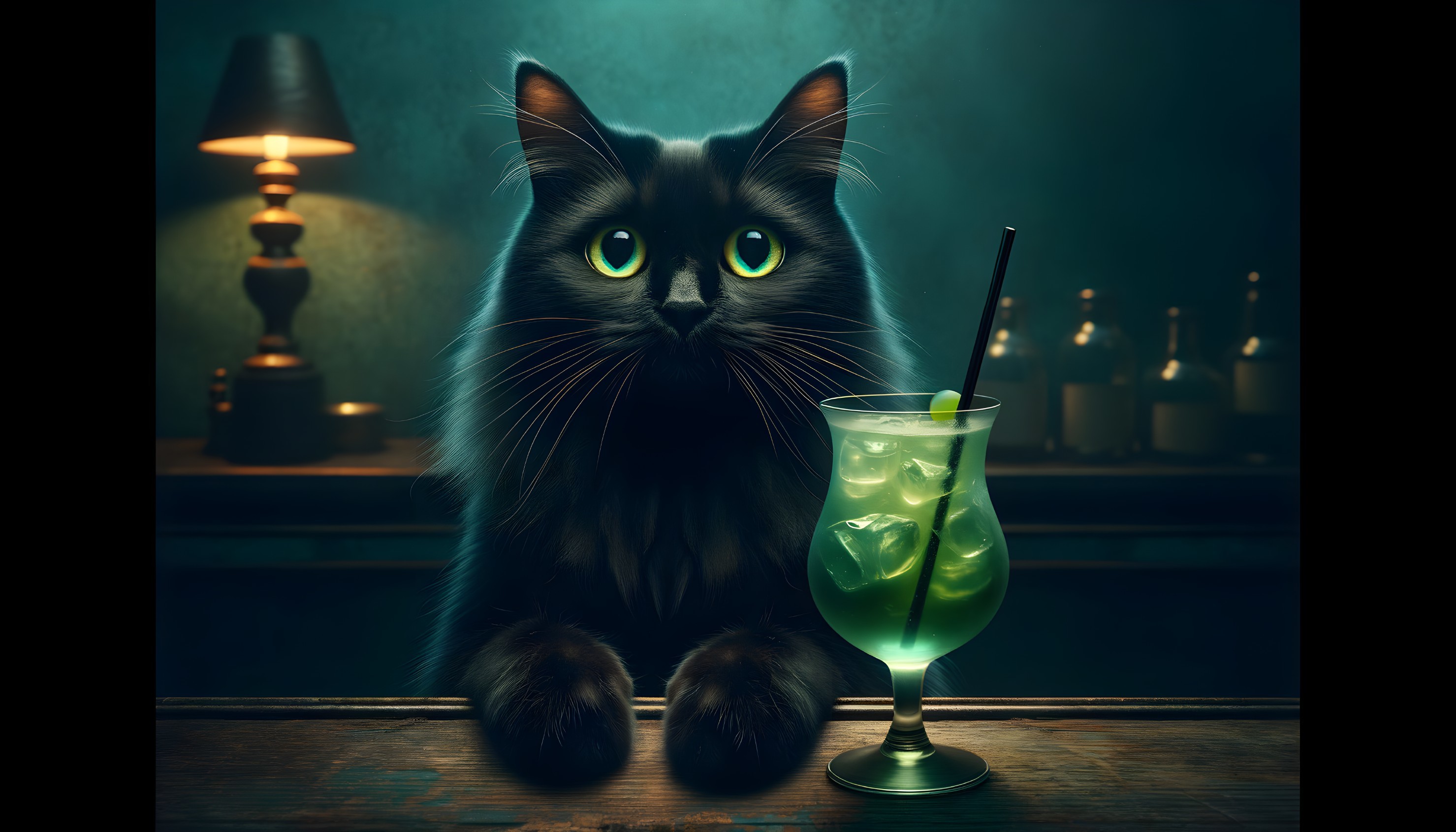 Fluffy black cat observing glowing green cocktail at bar