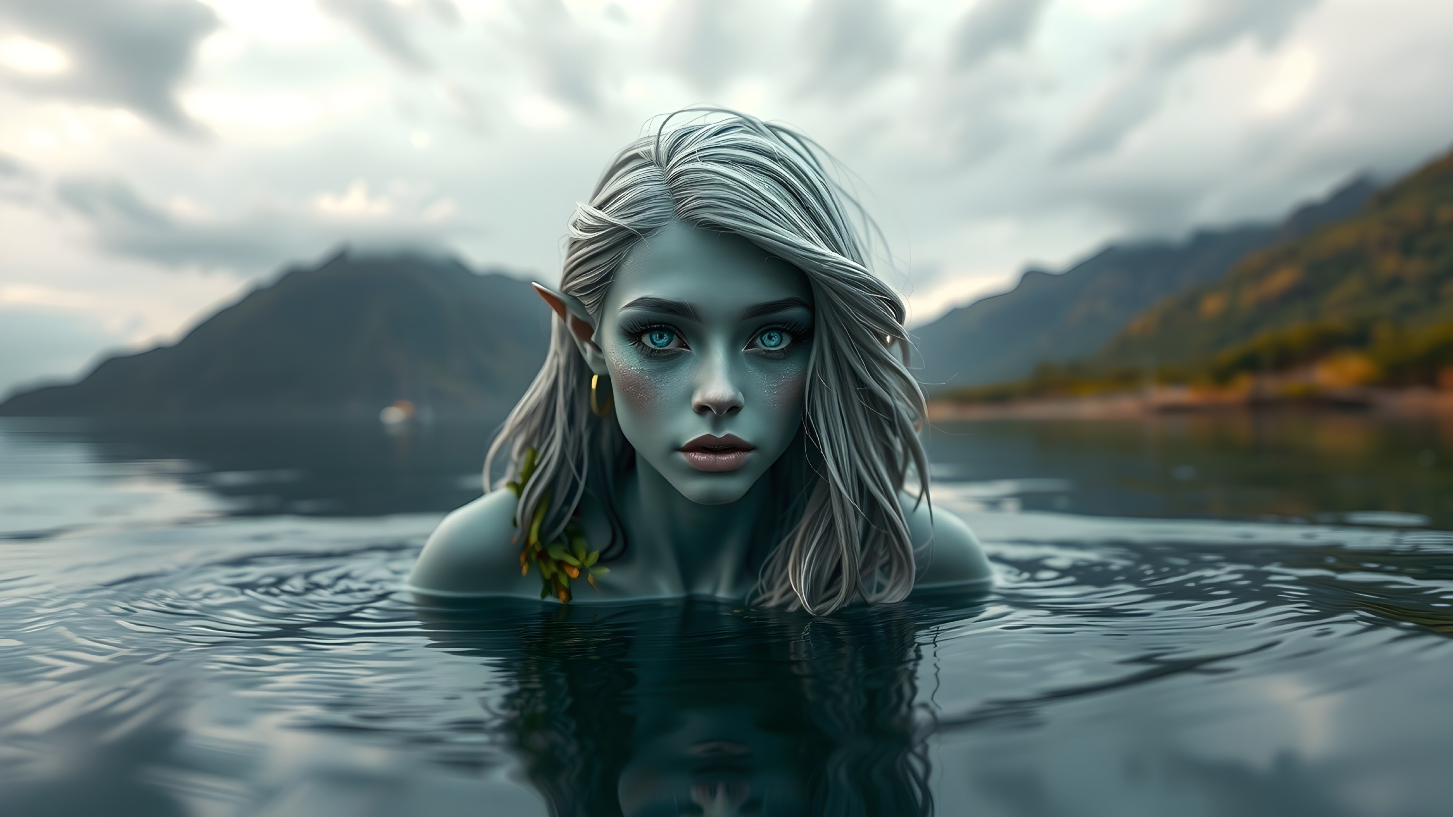Serene figure with silver hair in calm waters