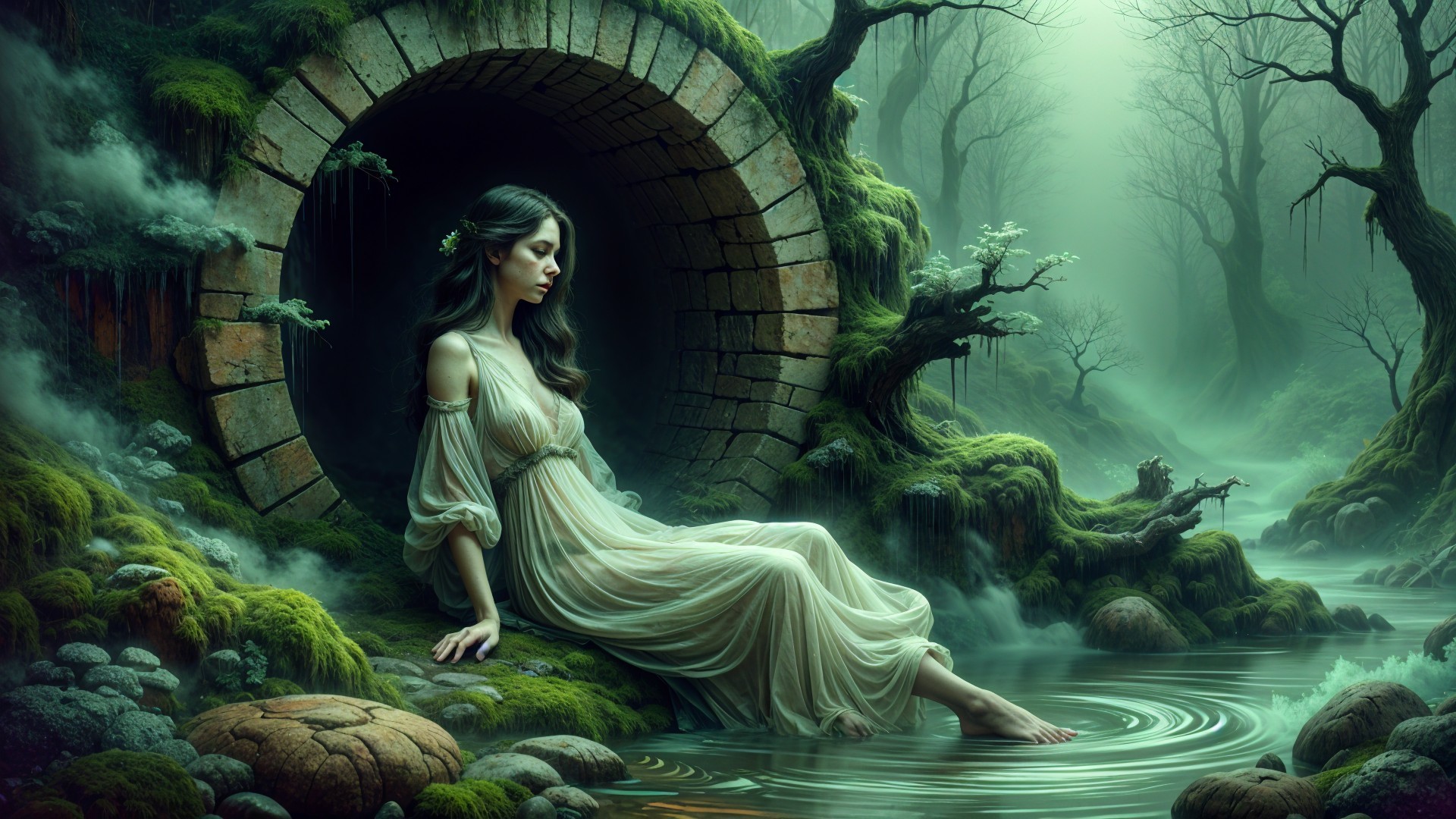 Young Woman in White Dress by Tranquil Water Pool