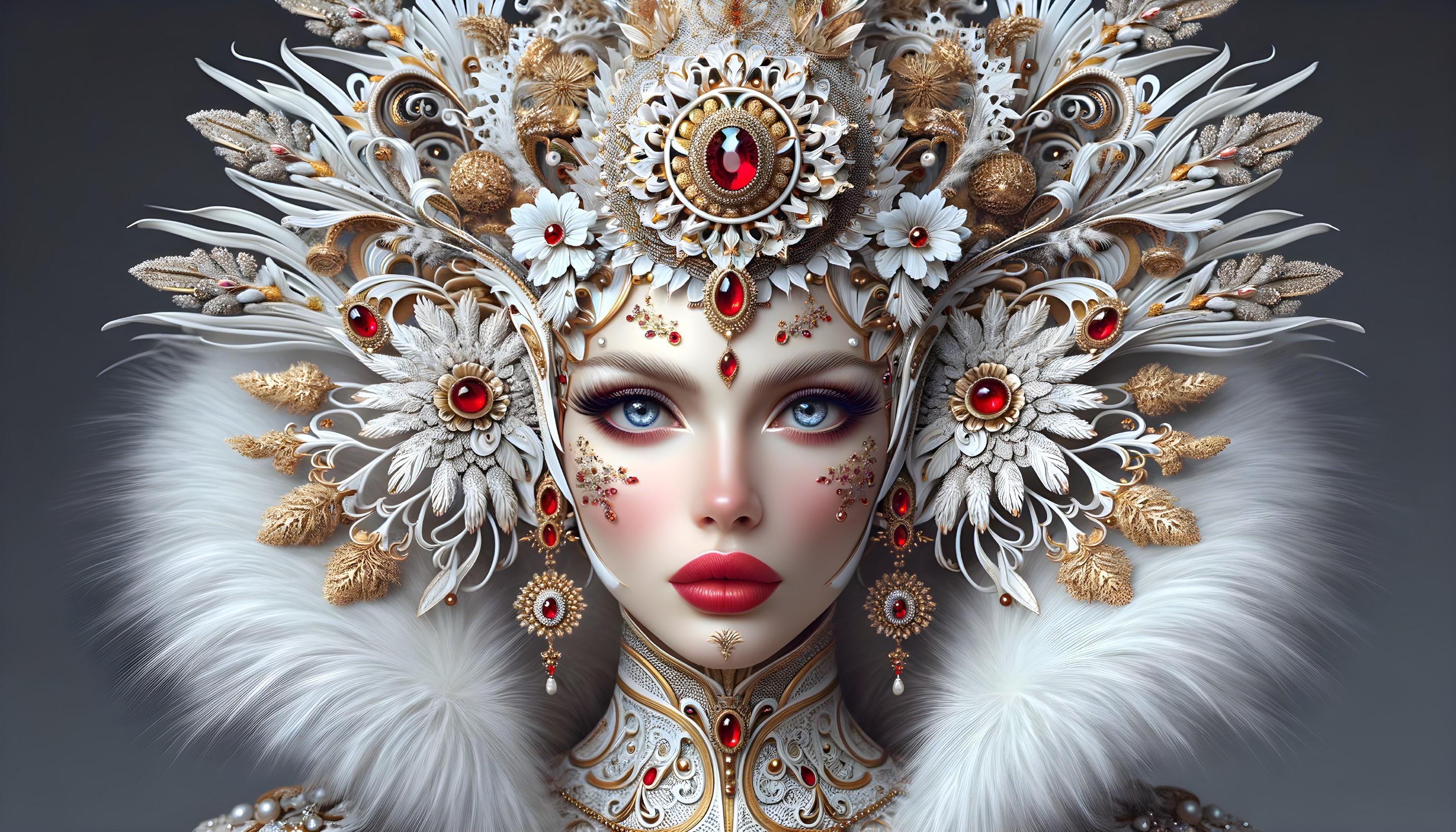 Ornate Portrait of Woman with Feathered Headdress