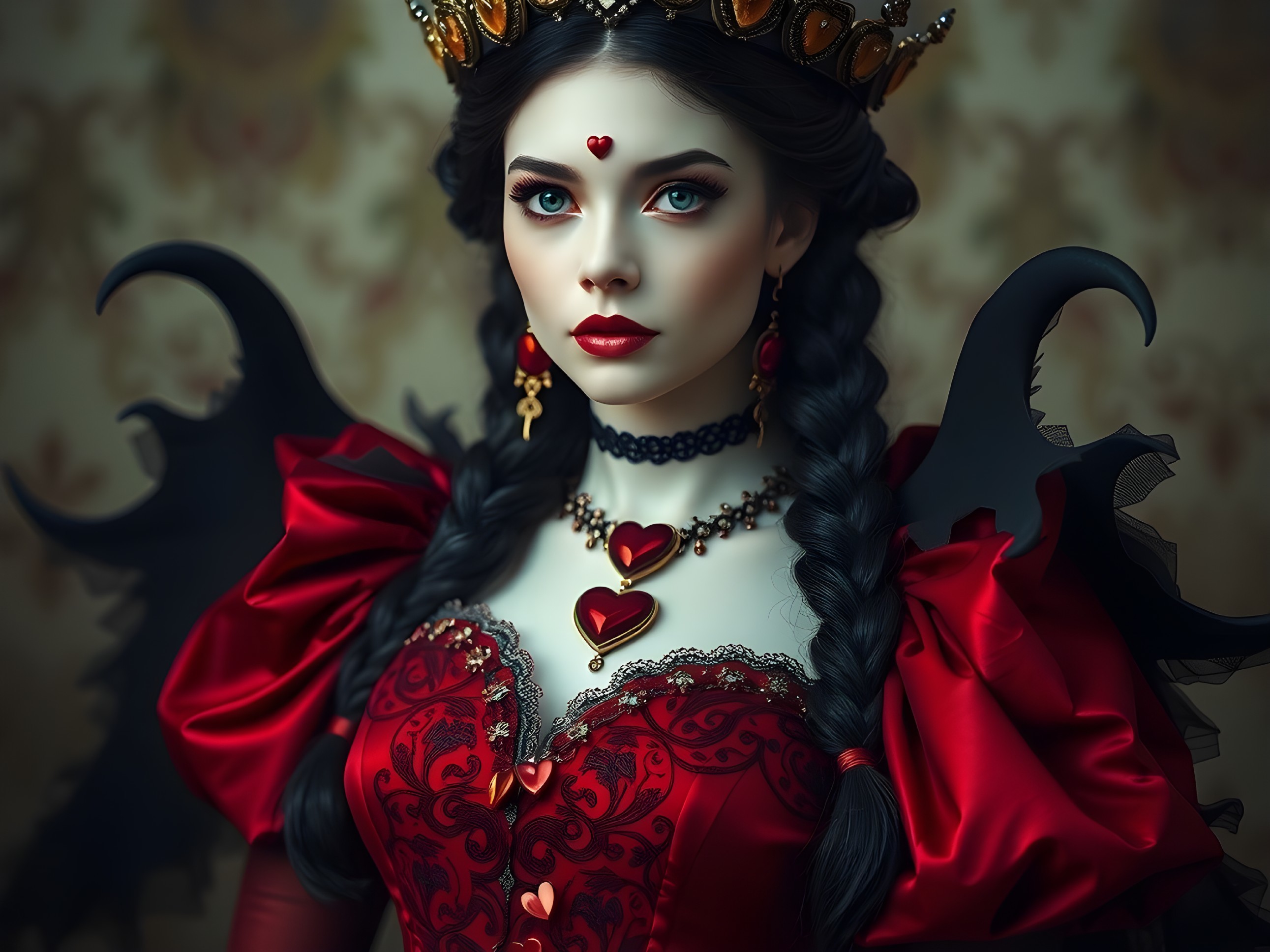 Dramatic Red Gown with Intricate Patterns and Jewelry