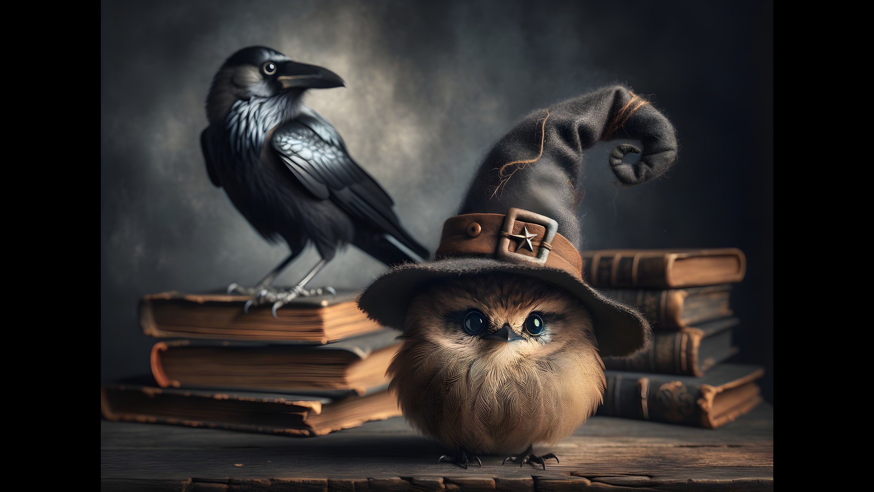 Fluffy Creature in Witch Hat with Raven on Books