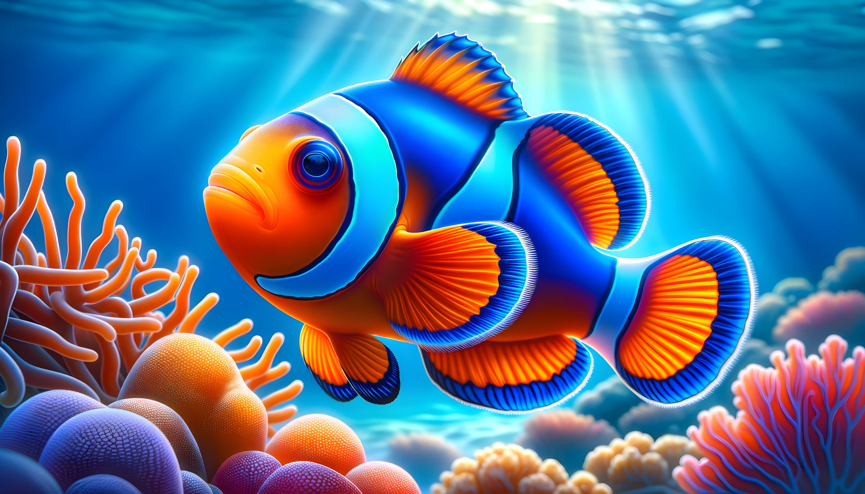 Clownfish in Colorful Coral Reef Underwater Scene