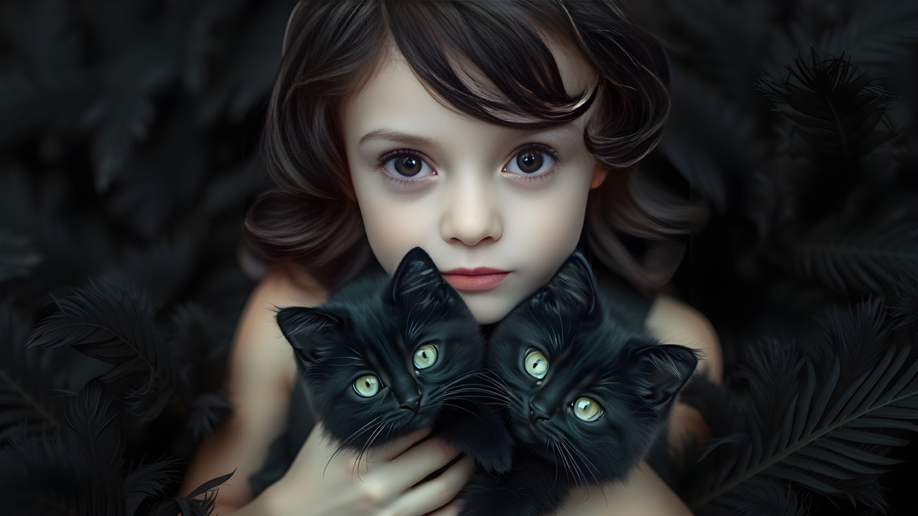 Young girl with kittens in lush dark foliage