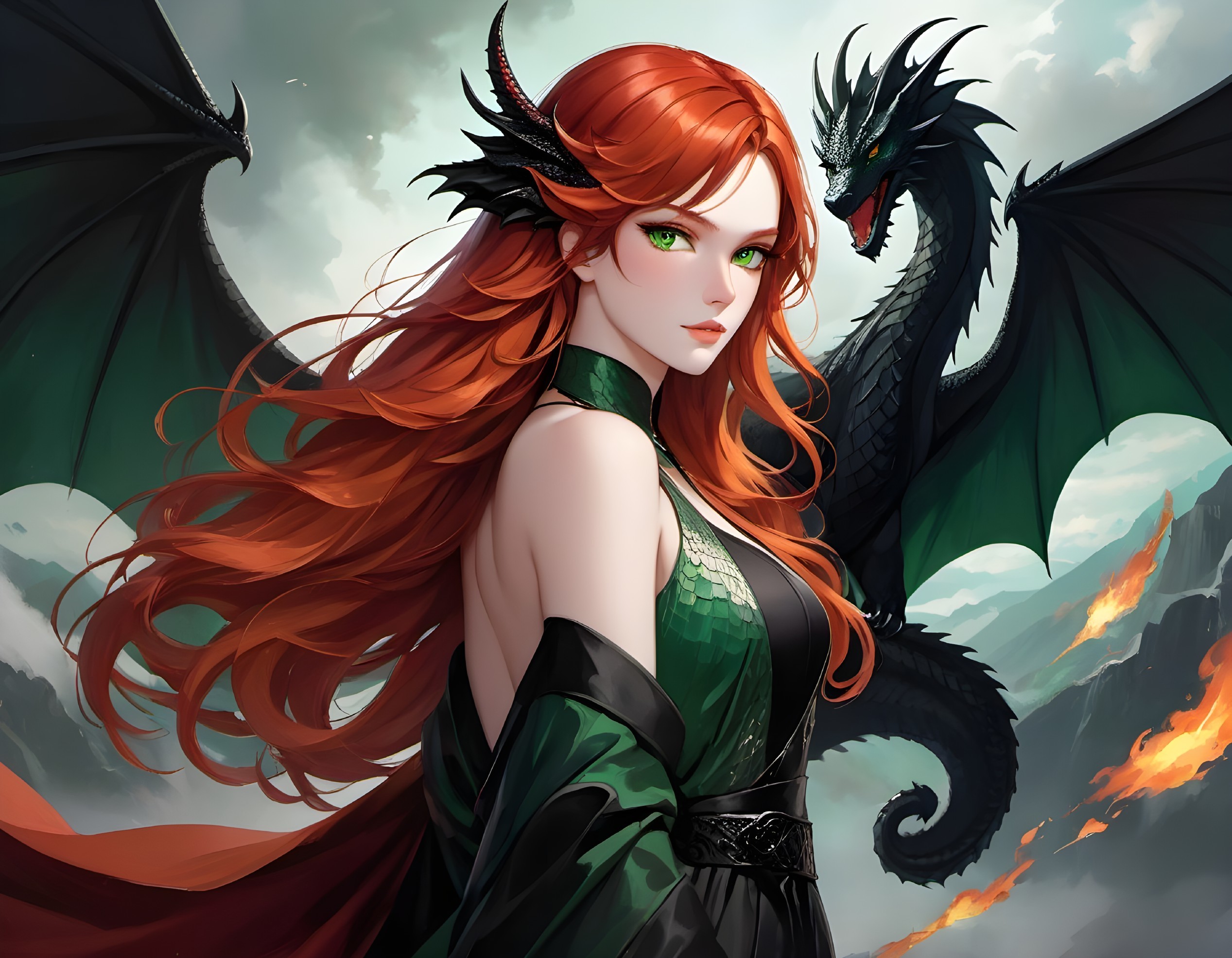 Fantasy Scene with Woman and Majestic Dragon
