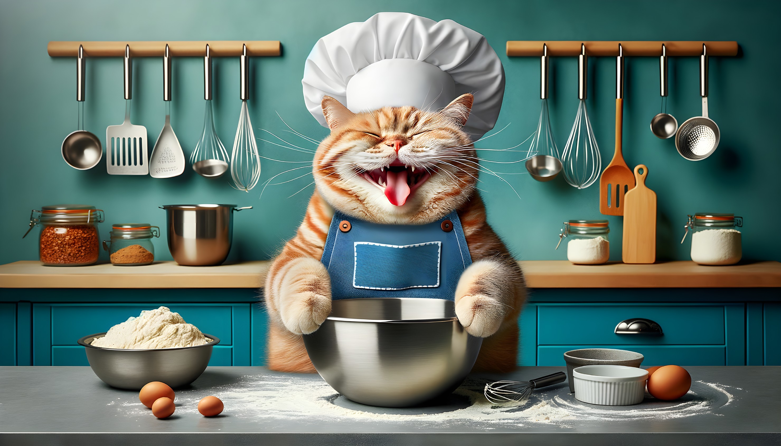 Cheerful Orange Cat in Chef Hat Whisking in Kitchen