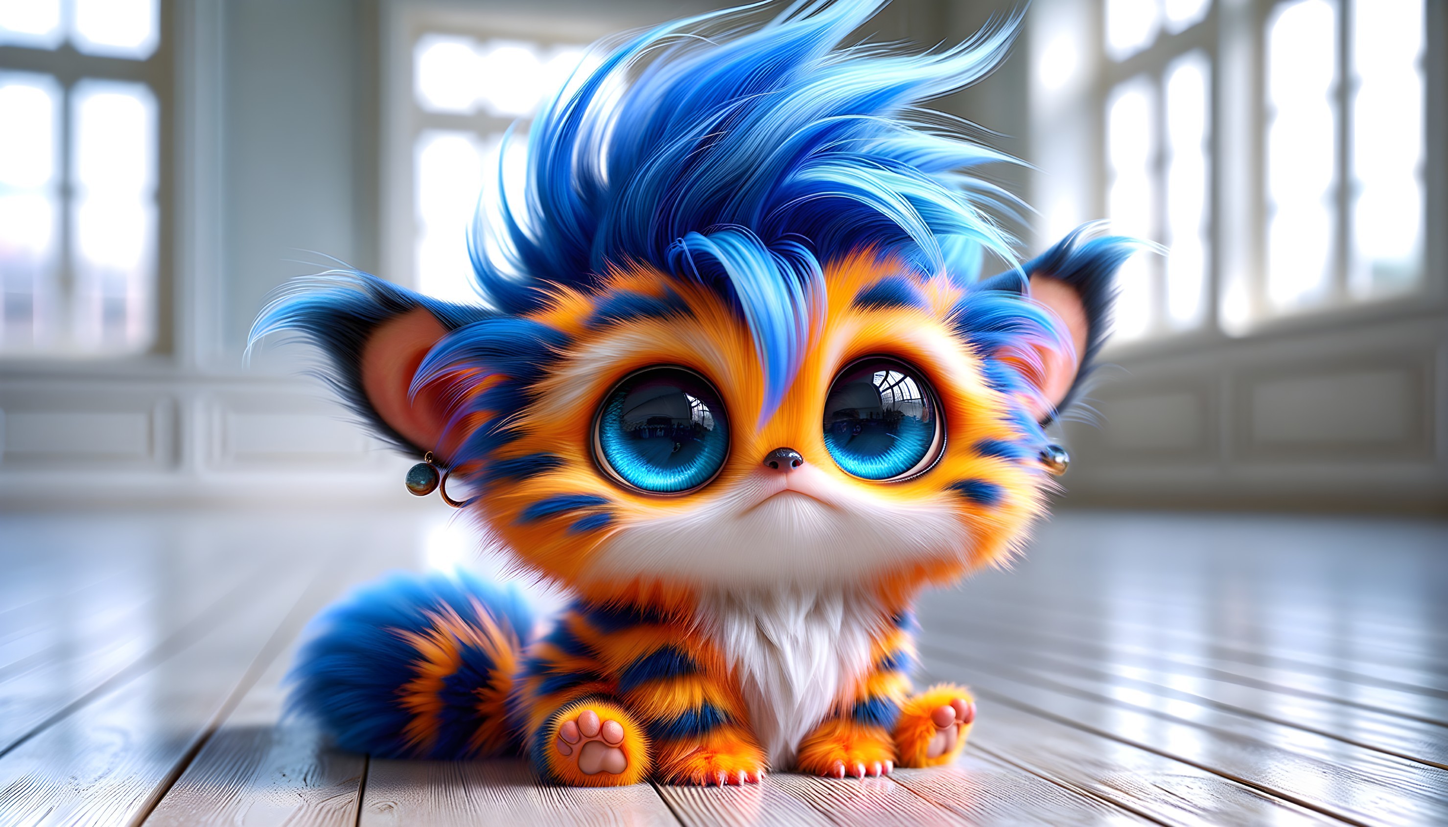 Whimsical creature with orange and blue fur in a room