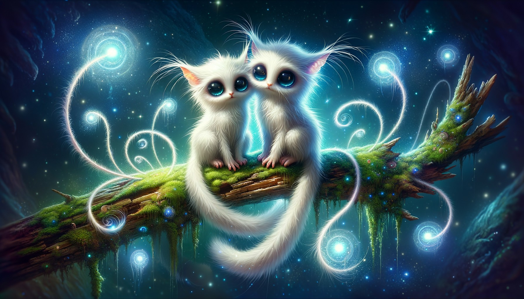 Fluffy white creatures in a starry, magical setting
