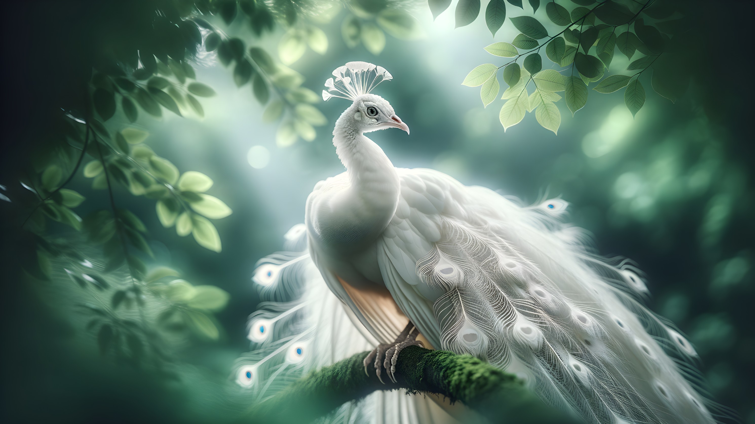 White Peacock Perched Among Lush Greenery
