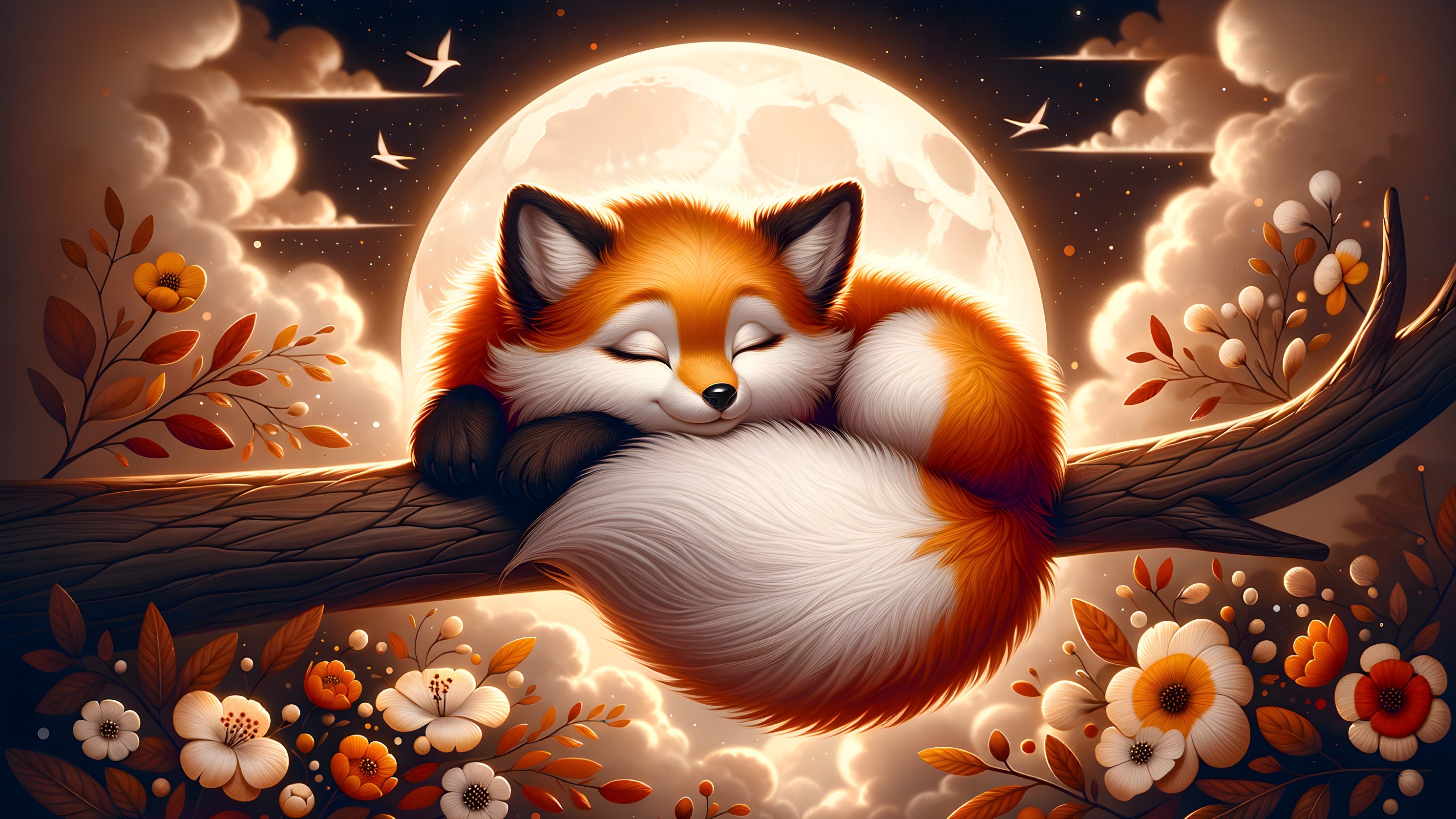 Cartoon Fox Sleeping on Branch Under Full Moon