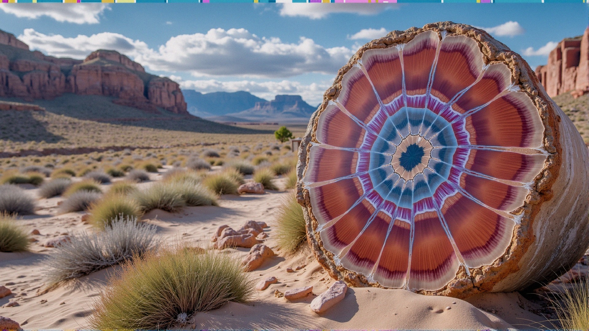 Polished log cross-section with vibrant rings in desert