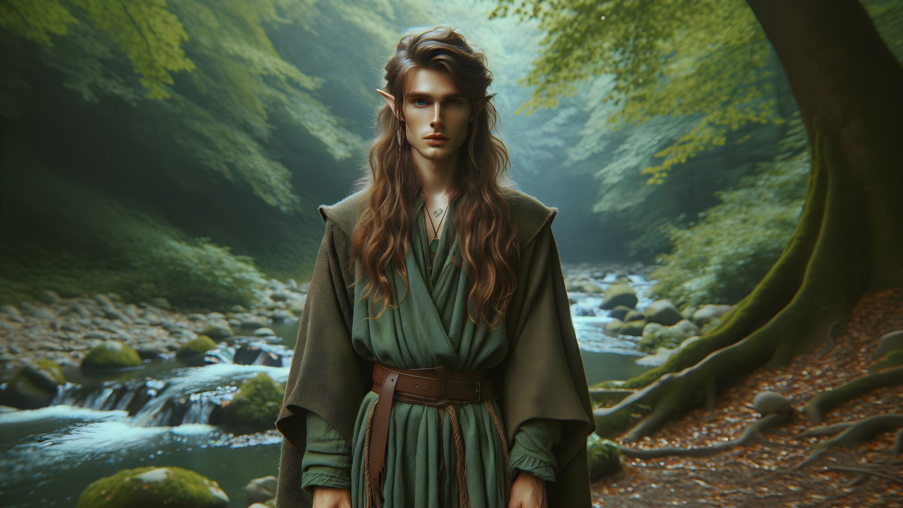 Mystical figure in serene forest with elven features