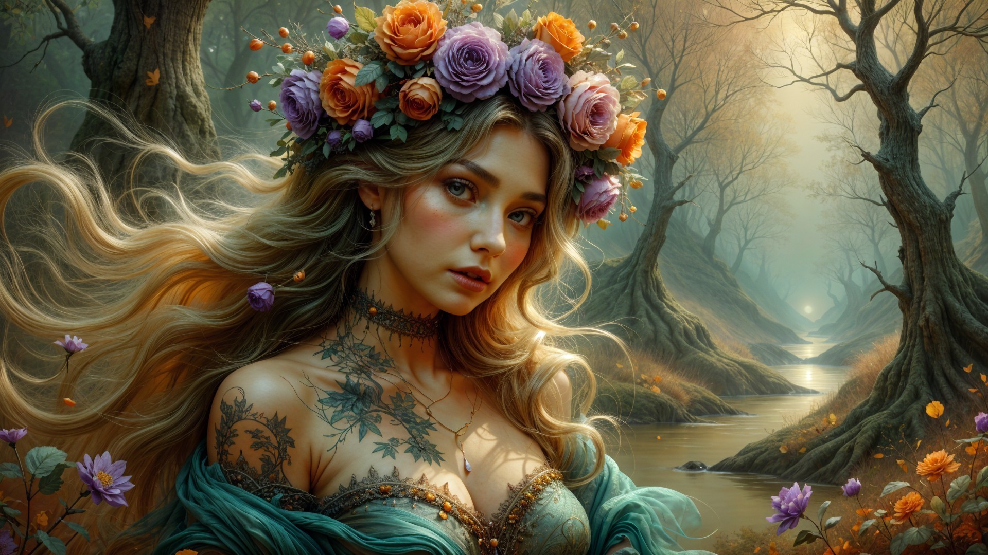Enchanting Woman in Floral Crown in Misty Forest