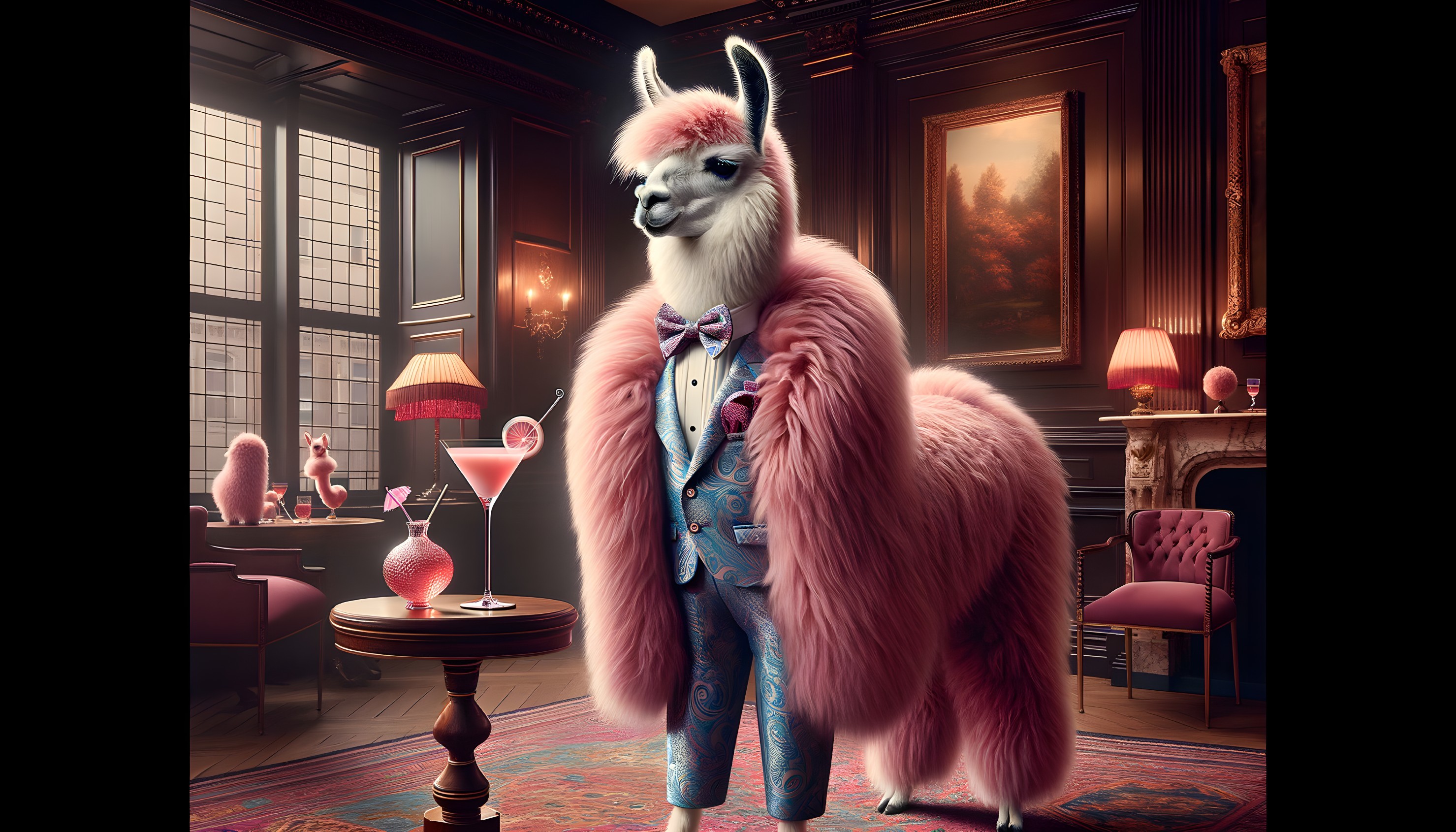 Llama in Vintage Room with Elegant Decor and Cocktail