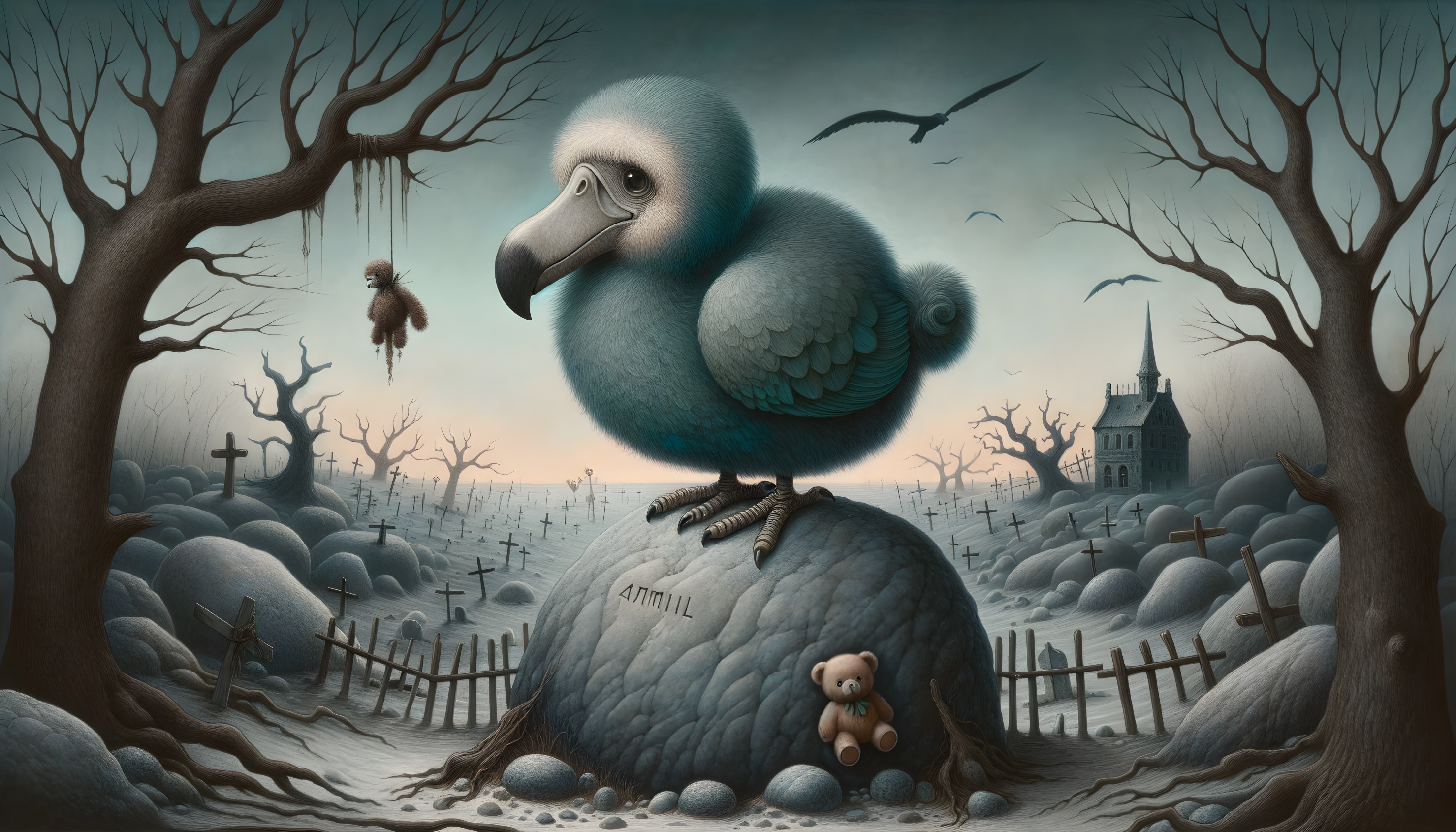 Surreal Scene of Blue Dodo Bird in Graveyard