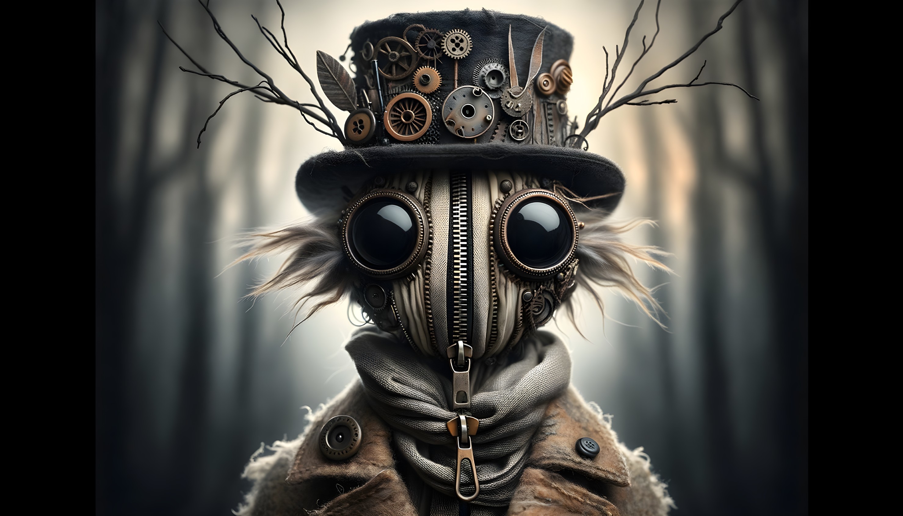 Whimsical Creature in Foggy Forest with Steampunk Style