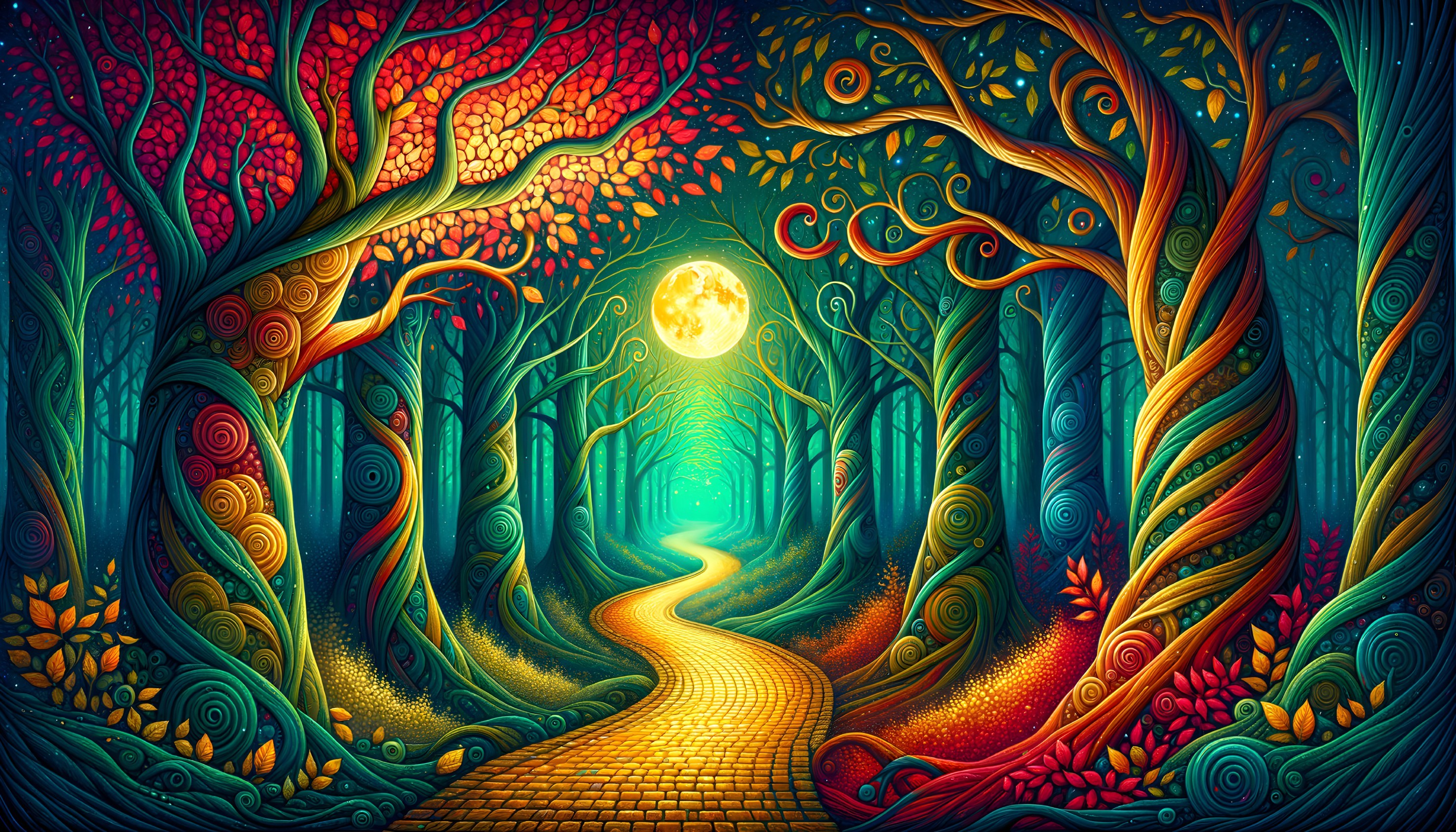 Whimsical Forest Path with Colorful Trees and Moonlight