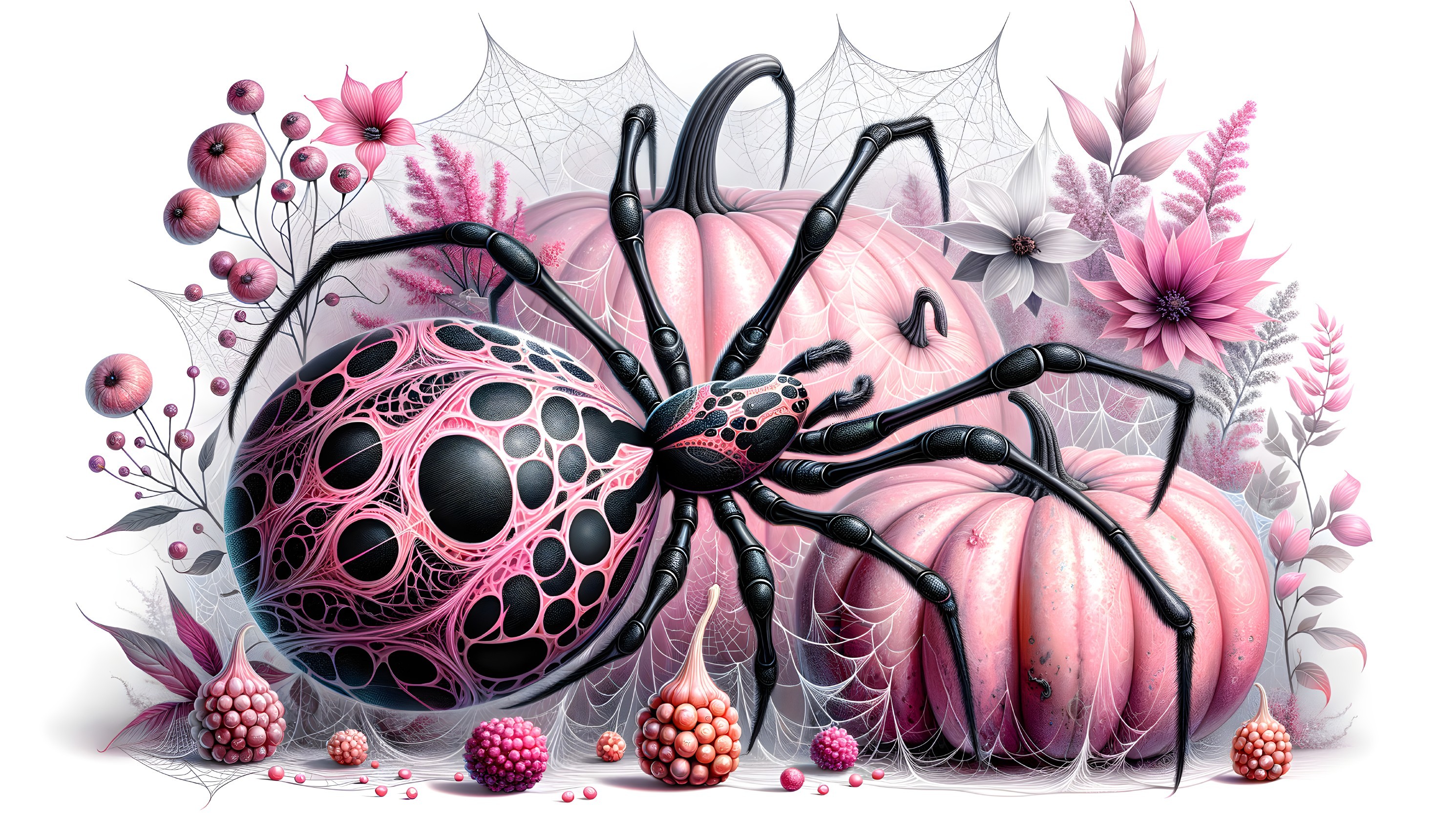 Illustration of a Black Spider with Pink Patterns and Pumpkins