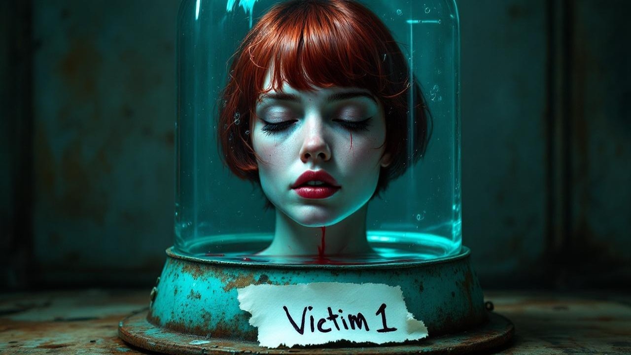 Stylized Head in Glass Jar with Water and Bloodstain