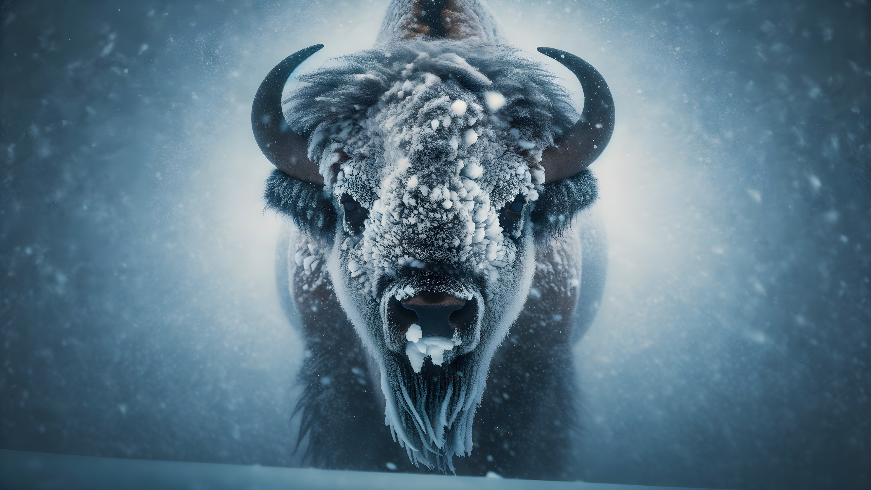 Bison in Snowstorm with Frosted Fur and Horns