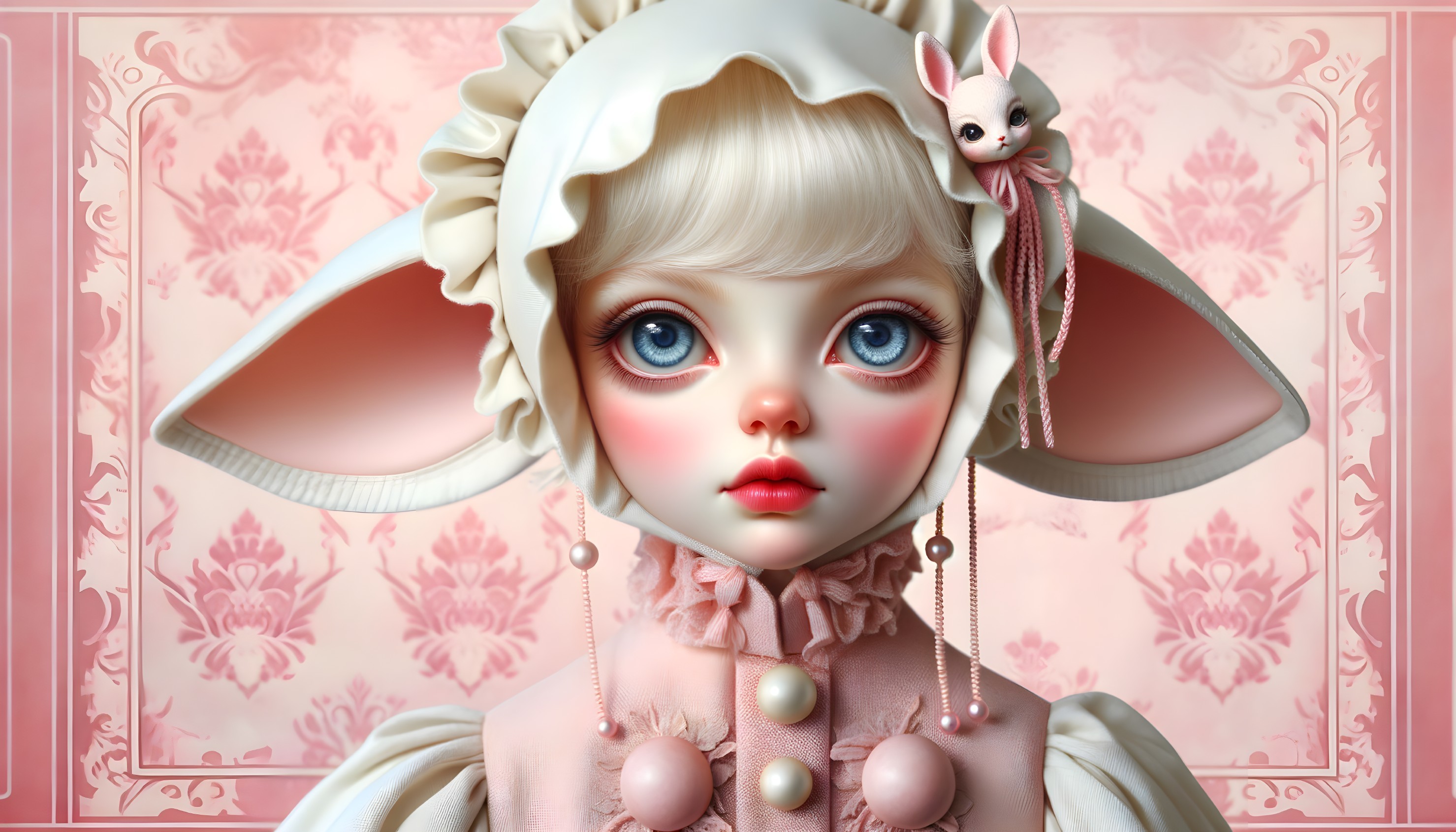 Whimsical Doll with Blue Eyes and Pastel Dress