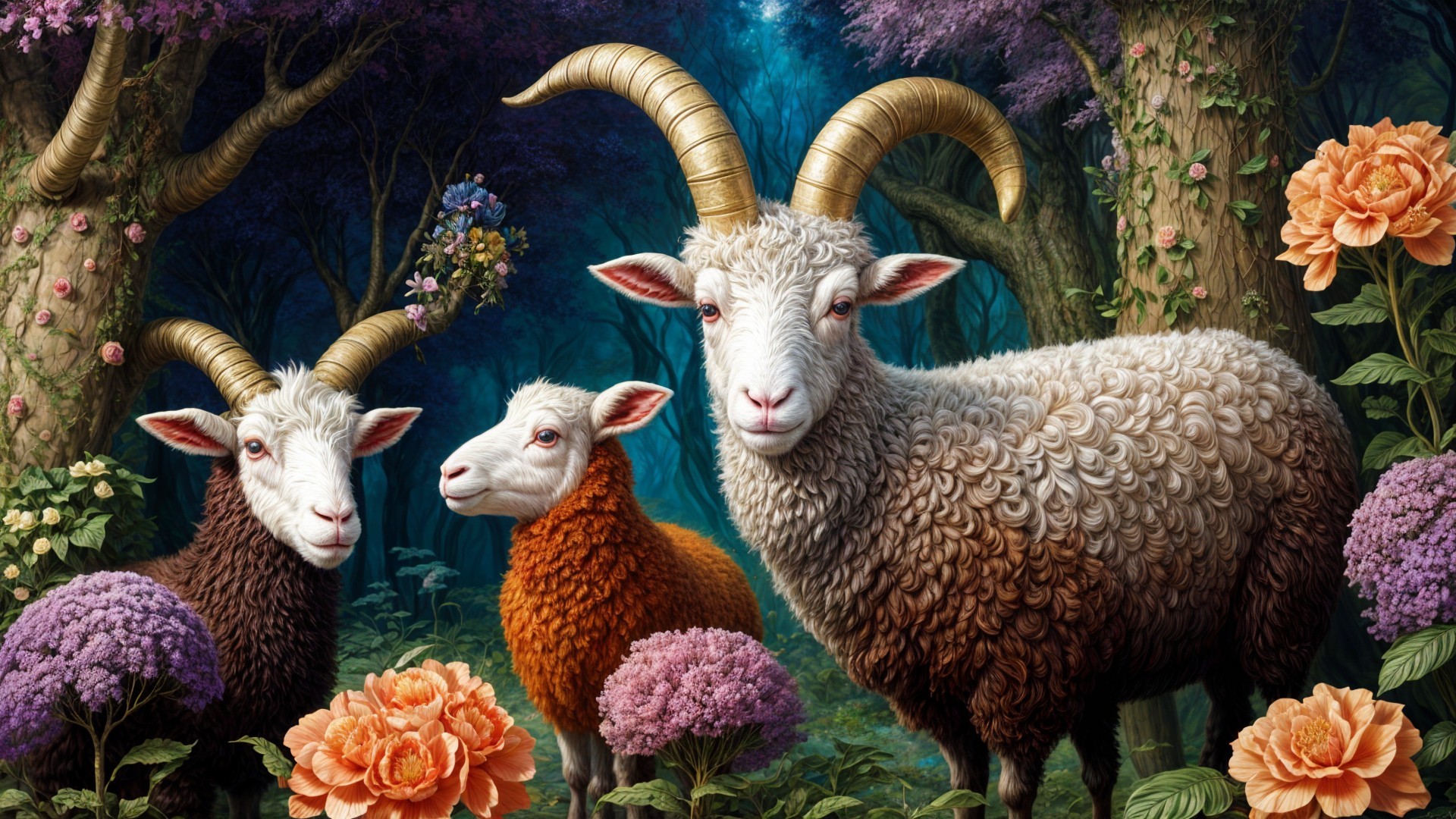 Horned Sheep in a Whimsical Forest Setting