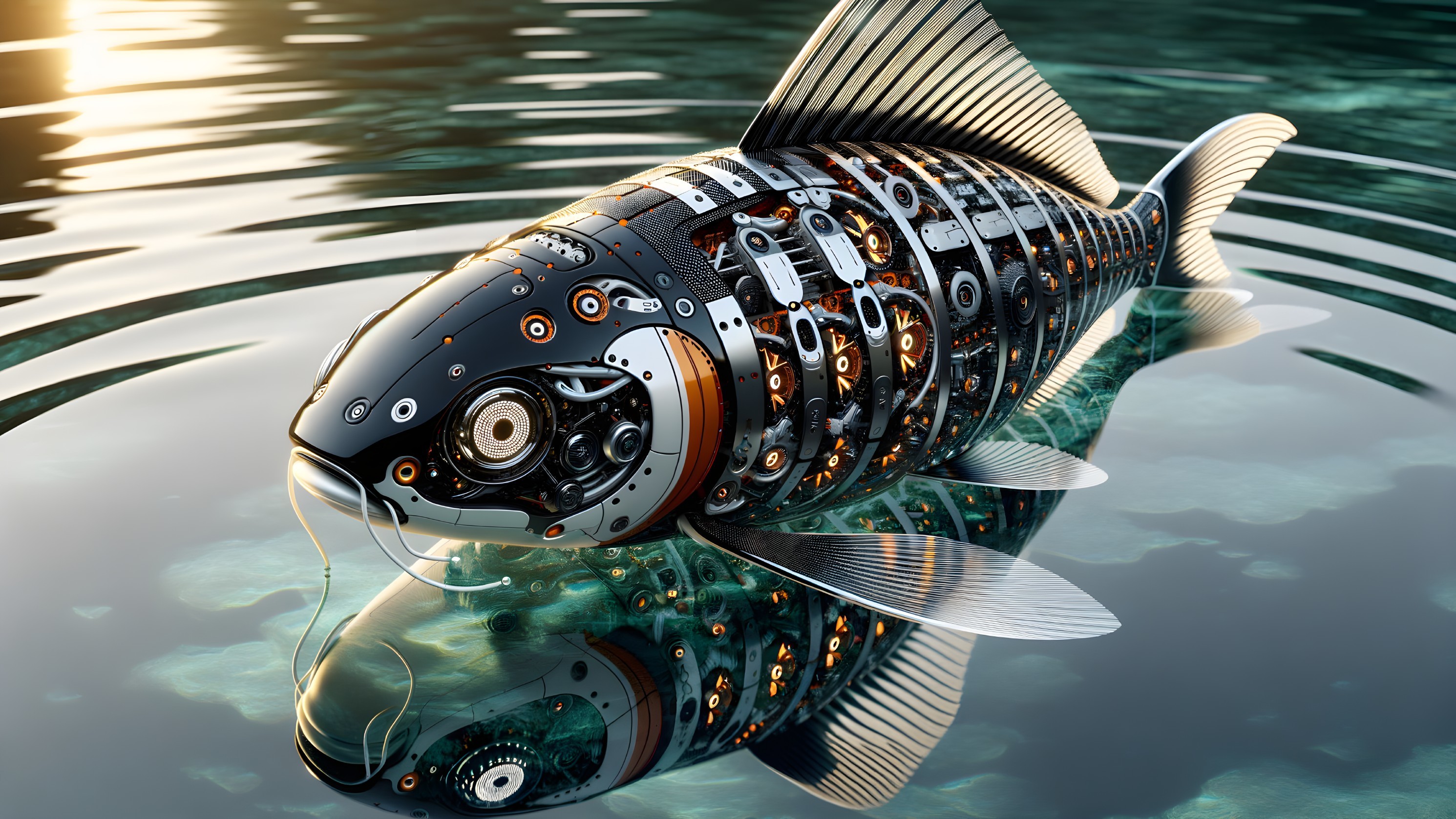 Futuristic Robotic Fish with Metallic Design in Water