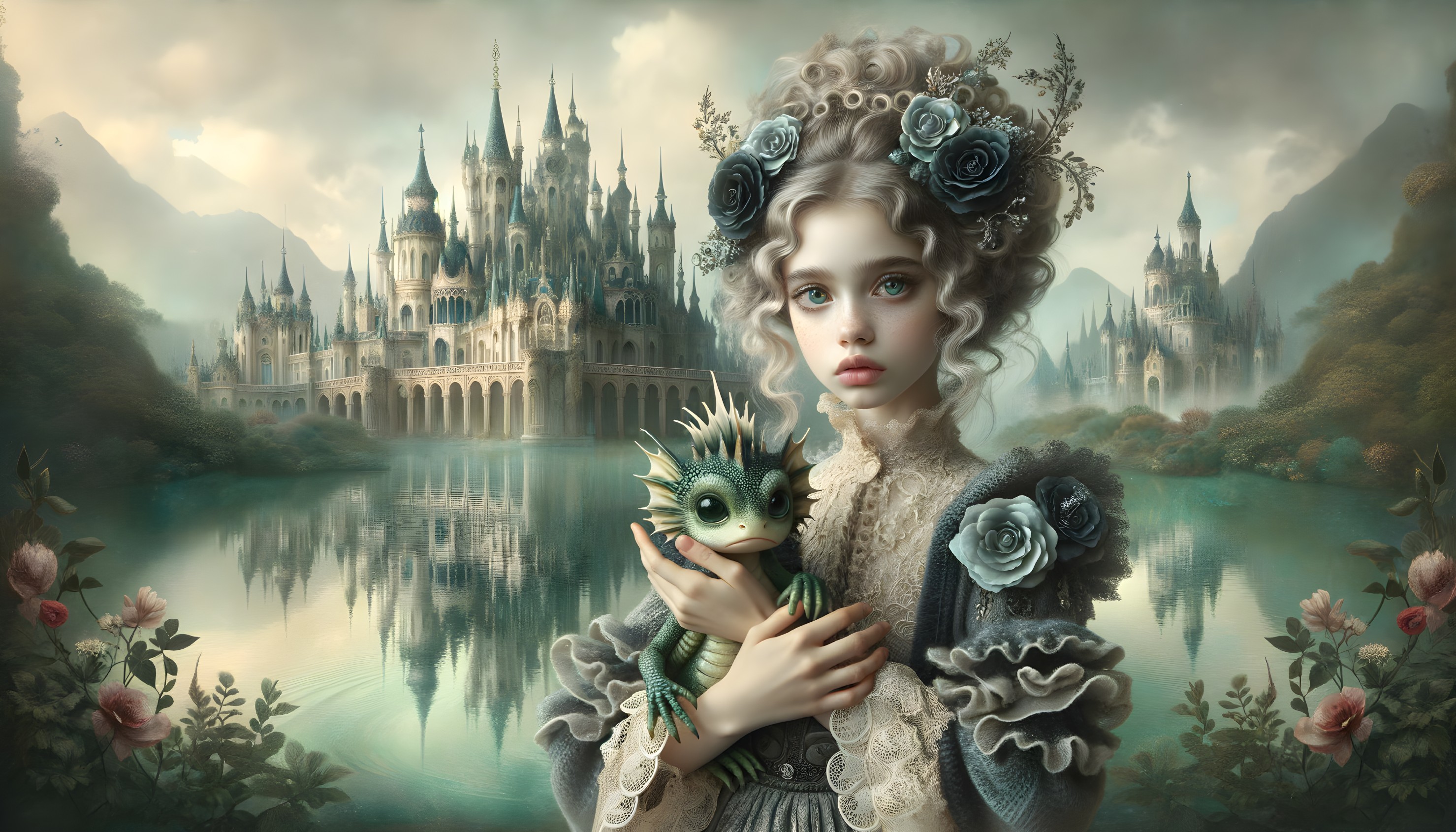 Young girl with dragon by a serene lake and castle