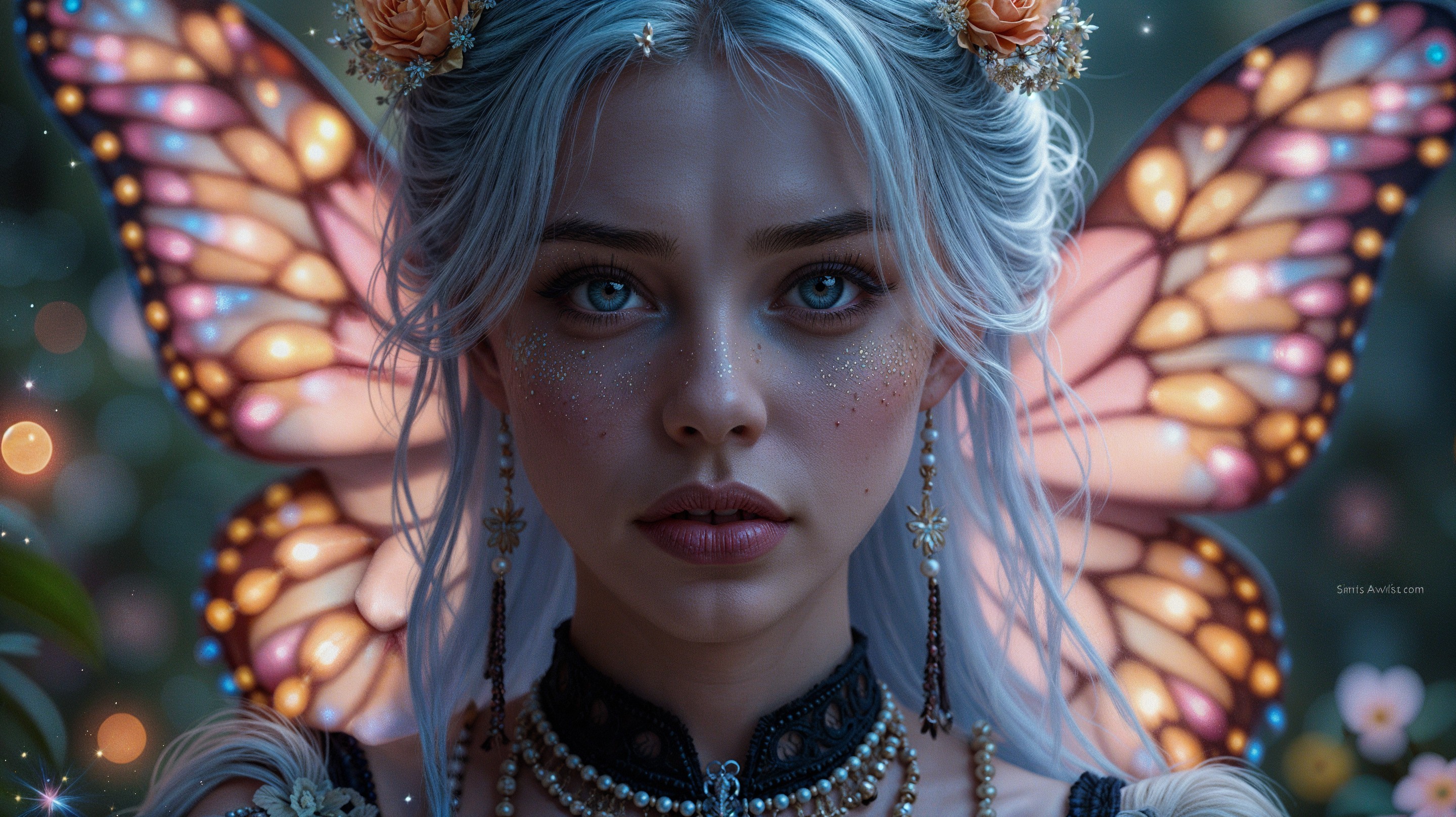 Ethereal Woman with Butterfly Wings and Flowers