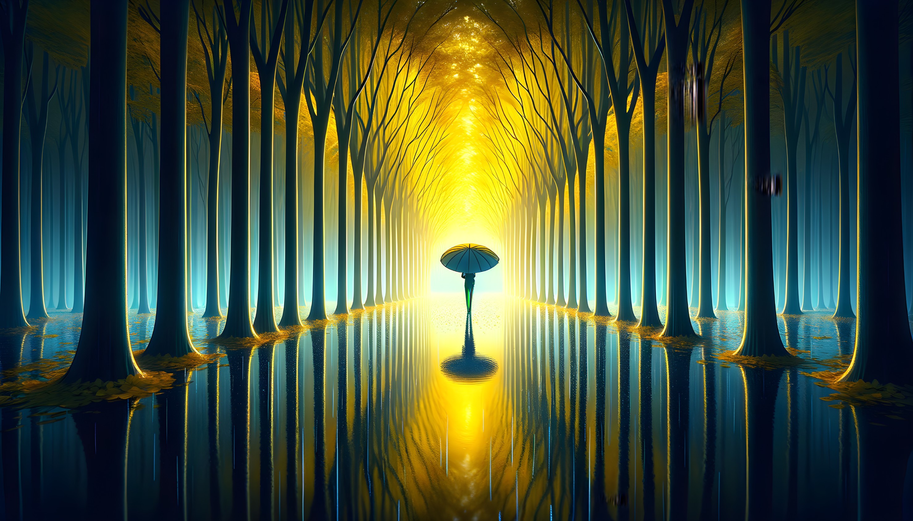 Serene forest path with golden trees and reflective water