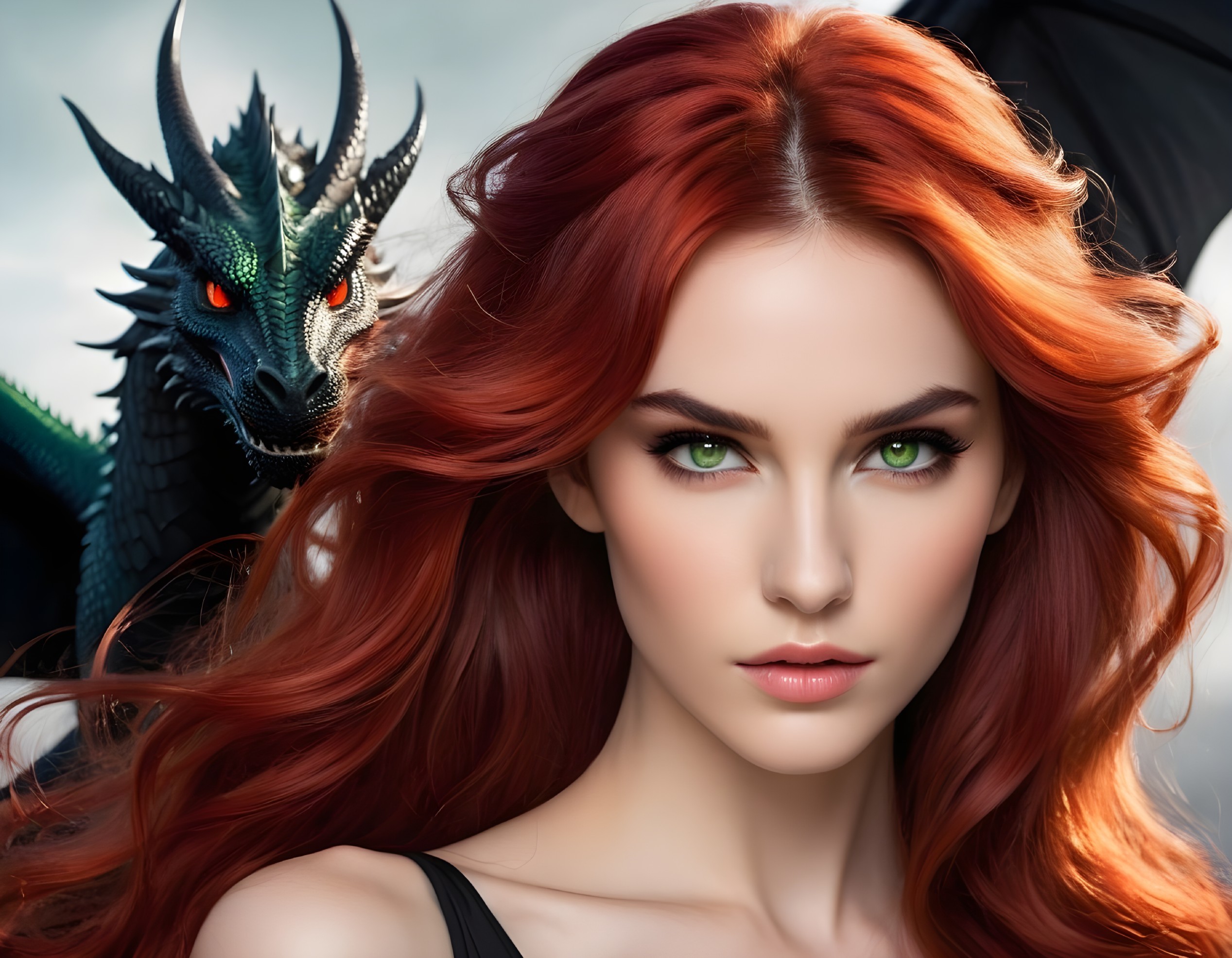 Fantasy Woman with Red Hair and Black Dragon