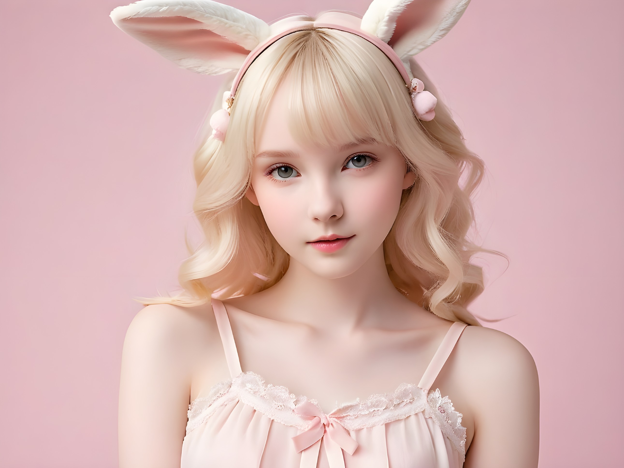 Young woman in pink outfit with bunny ears backdrop