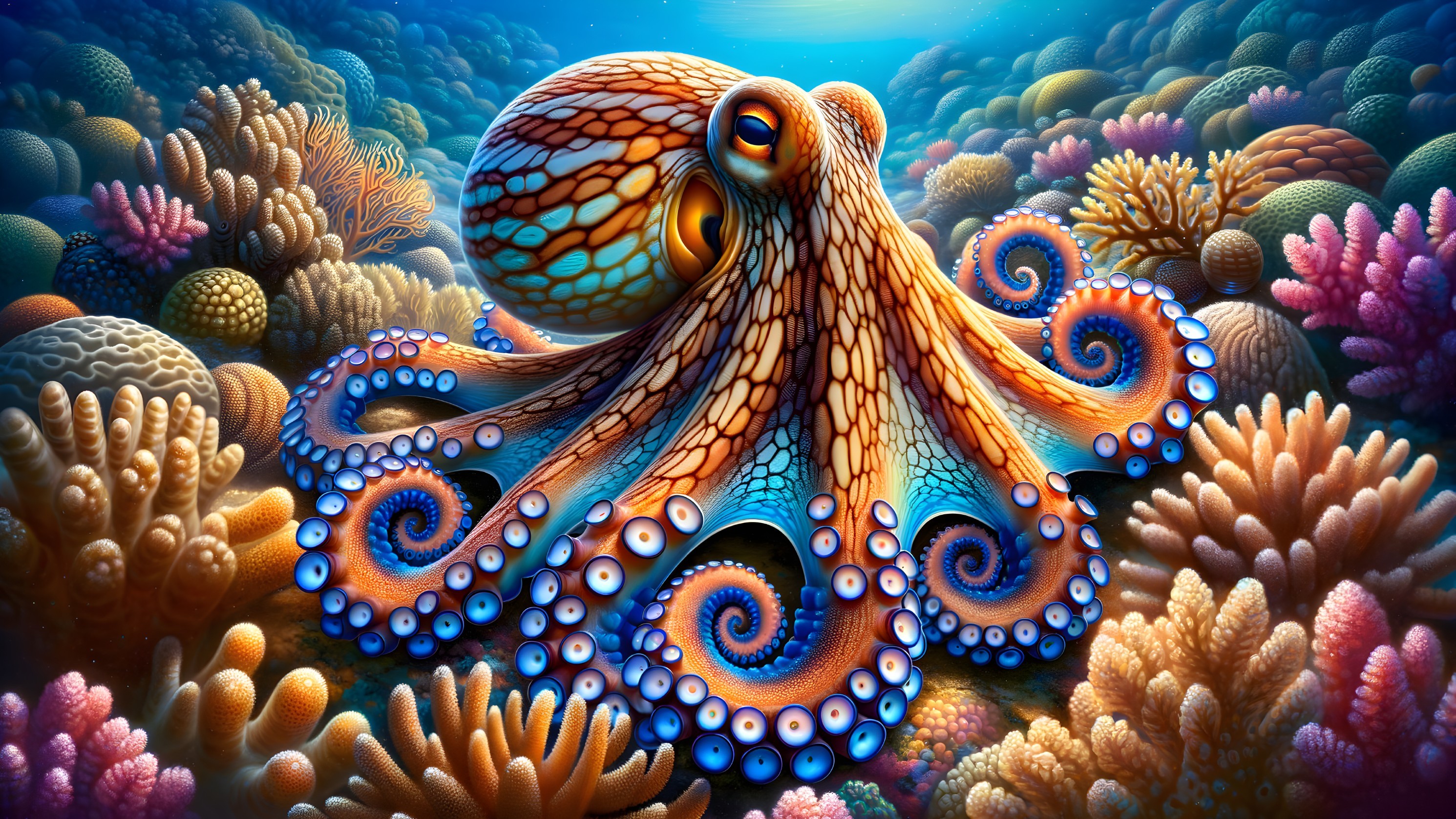 Vibrant Octopus Among Colorful Coral Reef Scene