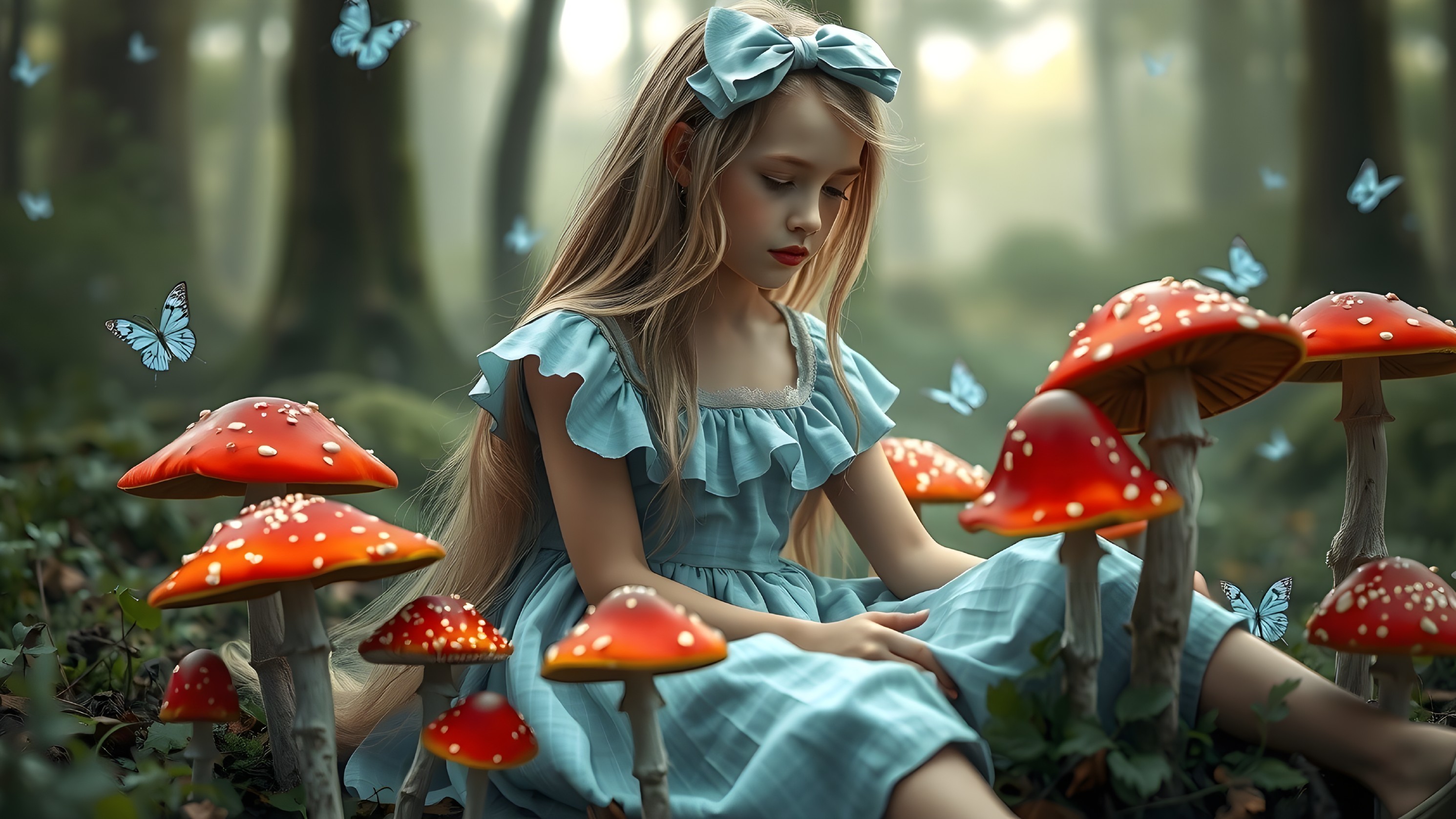 Young girl in blue dress among red toadstools and butterflies